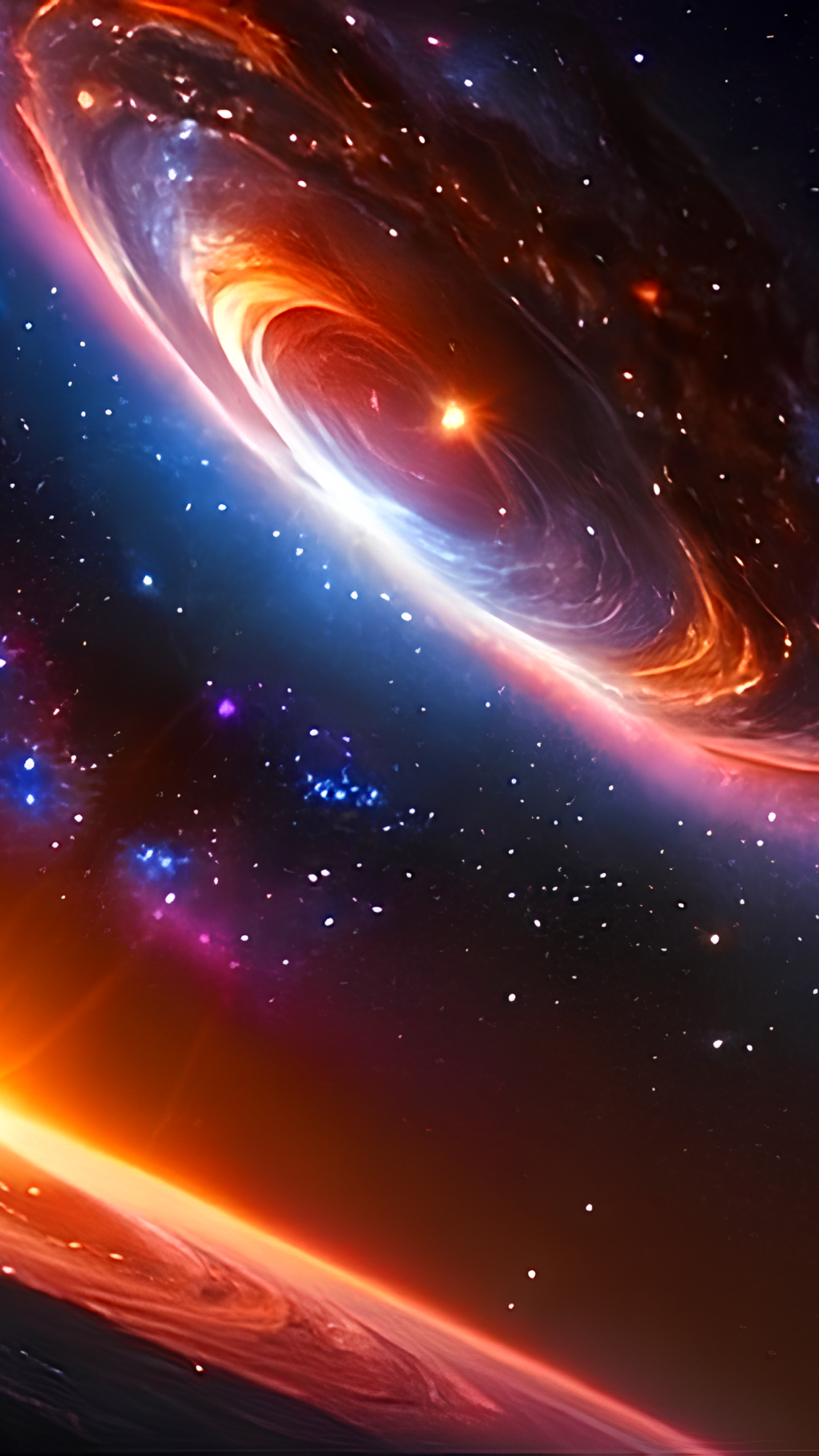Sci-fi space scene phone wallpaper depicting a glowing cosmic vortex above a planetary horizon, with bright stars and colorful nebulae, compatible with iPhones and Android phones.