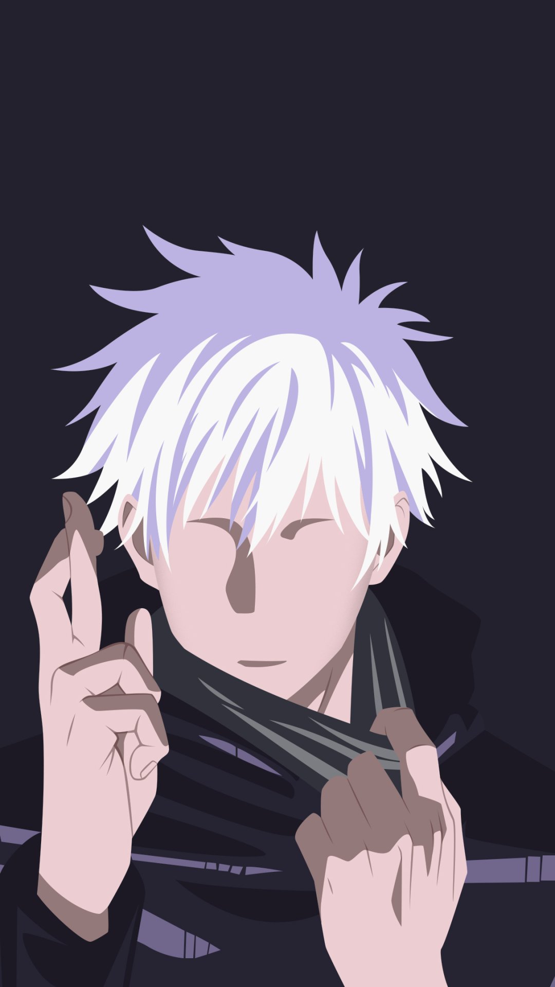 Anime-style wallpaper of a character from Jujutsu Kaisen with white hair and a dark outfit, designed for seamless display on iPhones and Android phones.
