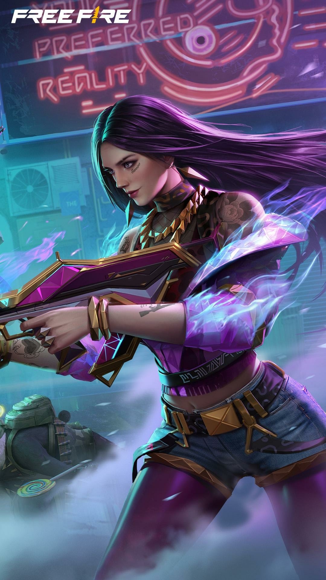 Dynamic Garena Free Fire game character wielding a bow in an action-packed phone wallpaper design.