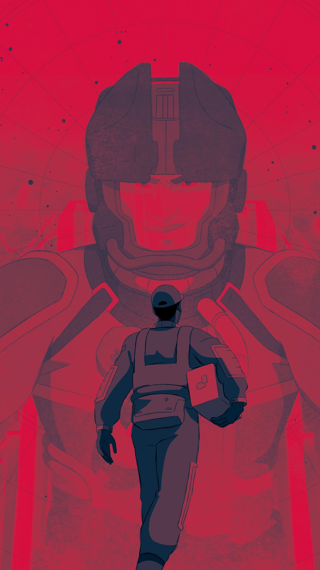 A striking phone wallpaper from the video game Starfield features an astronaut walking towards a large, imposing figure, set against a vivid red background.