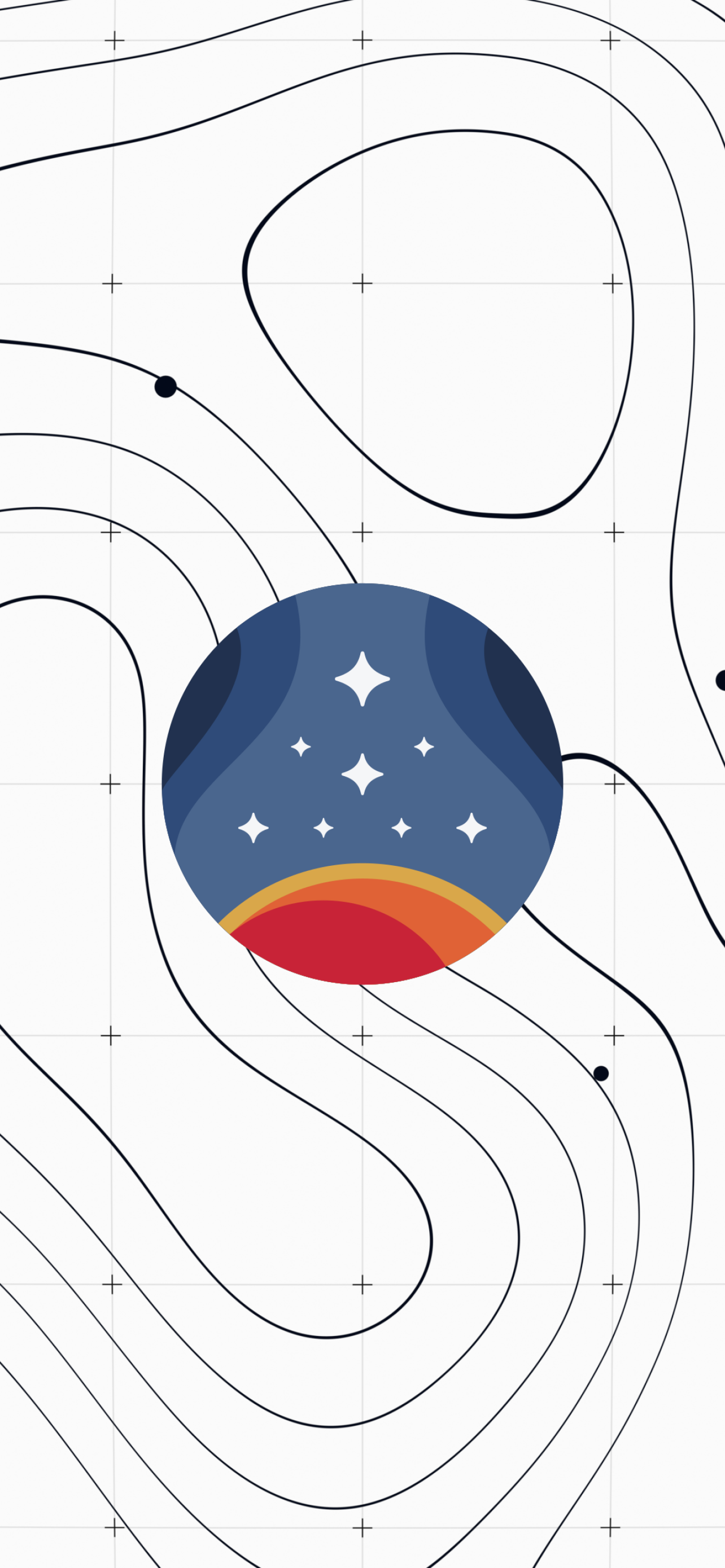 Minimalist starfield phone wallpaper featuring abstract planet design with topographic lines.