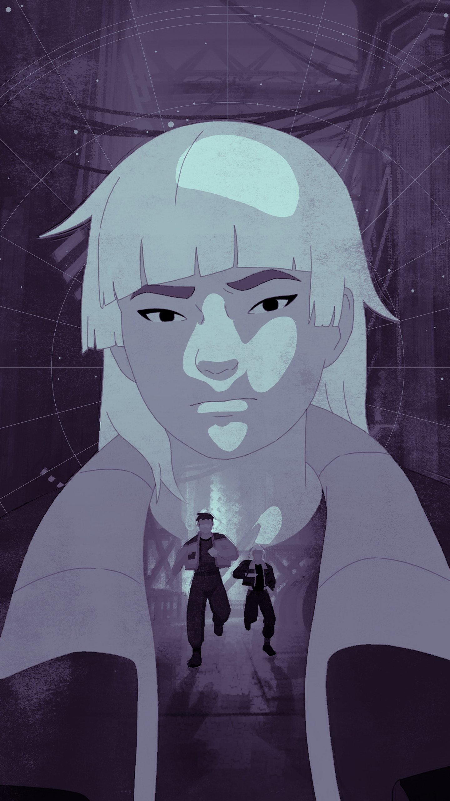 Illustrated phone wallpaper featuring a stylized female face in the foreground with a starfield background and silhouette of two figures walking towards the viewer.