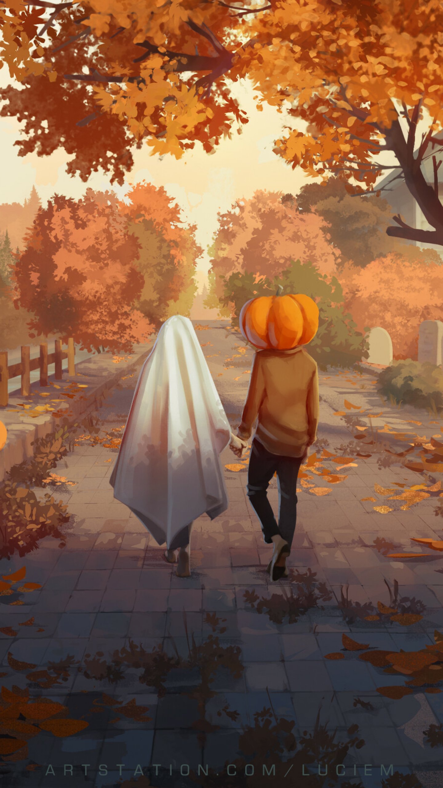 A warm, autumn scene featuring a child in a pumpkin head and another dressed as a ghost walking hand-in-hand along a leaf-strewn path, capturing the spirit of Halloween.