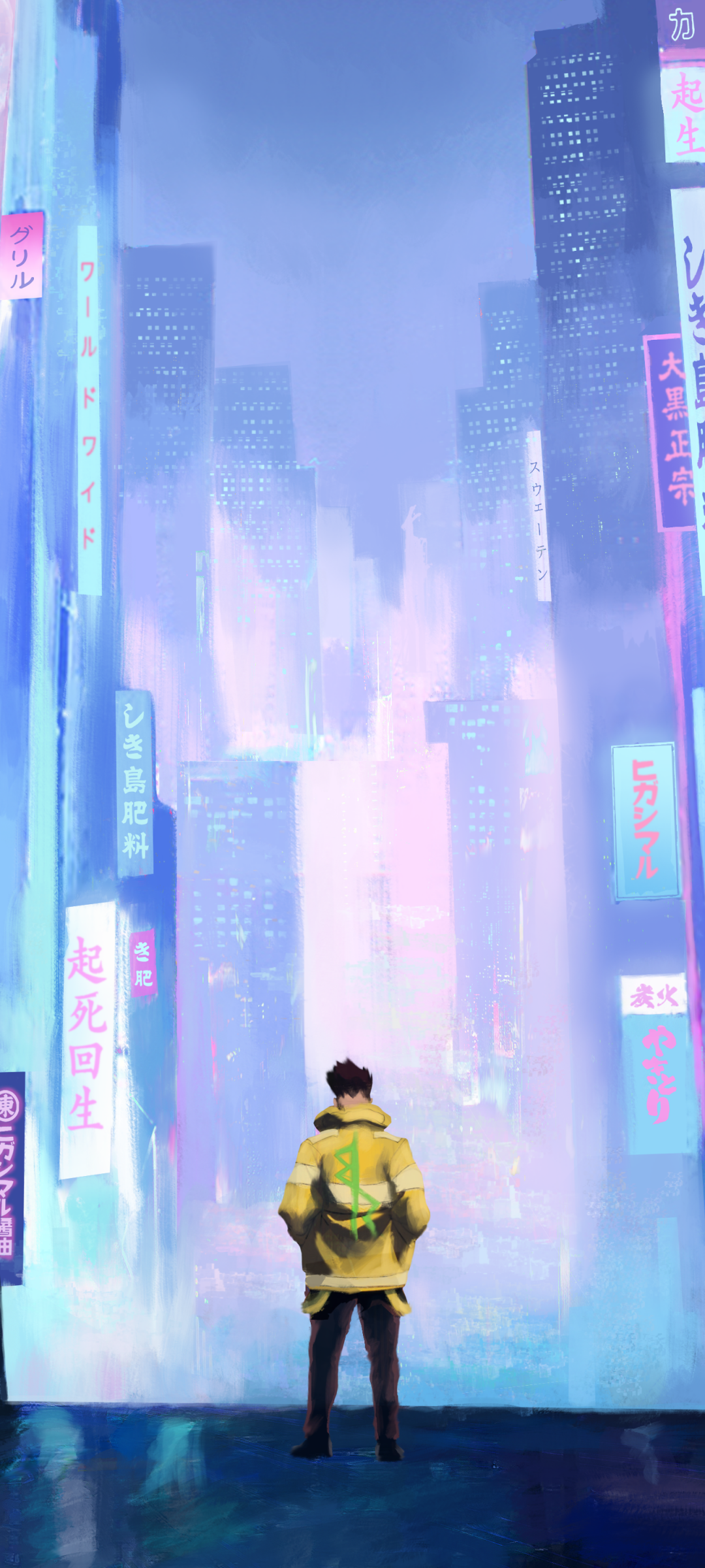Anime Cyberpunk: Edgerunners phone wallpaper — lone figure in a yellow jacket faces neon skyscrapers and Japanese signs in pastel blues and pinks, compatible with iPhone and Android.