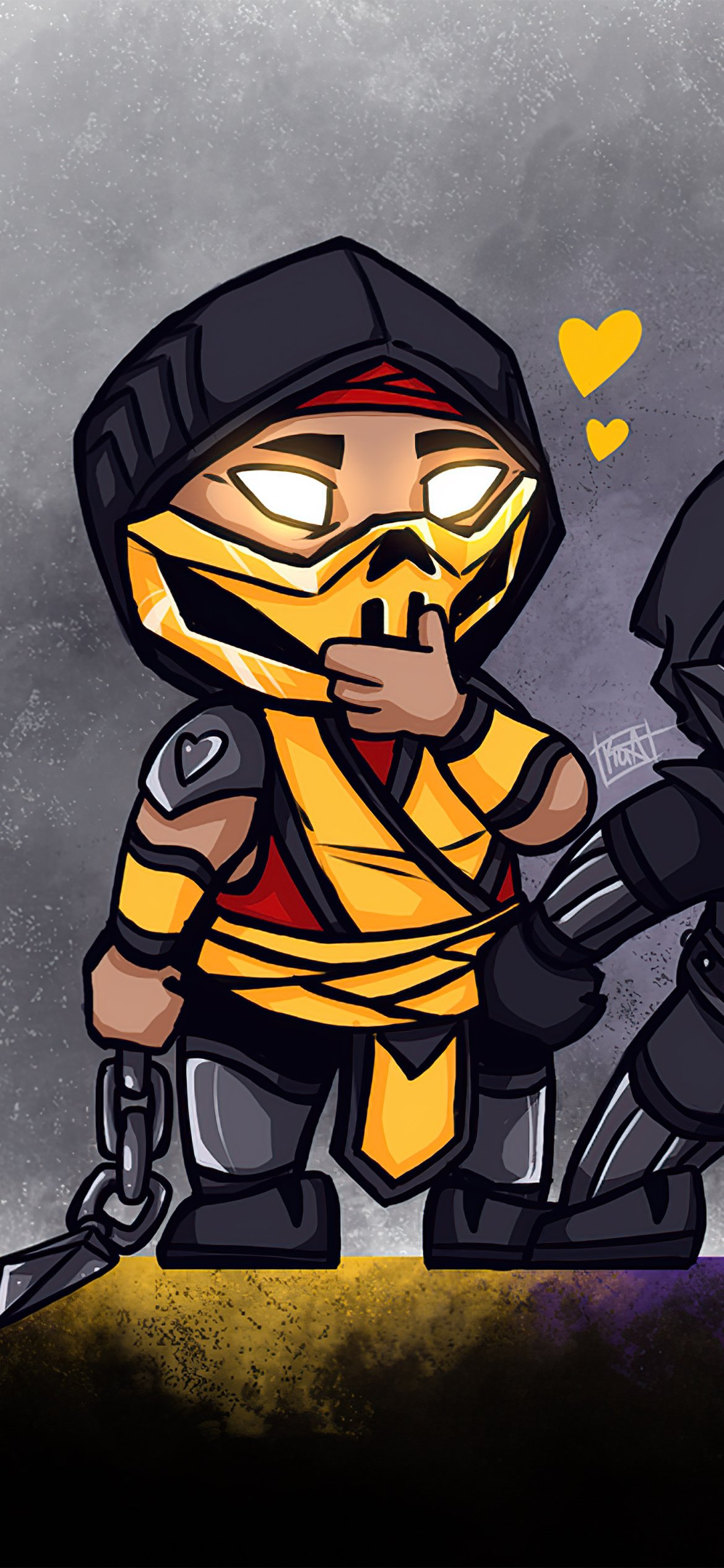 Chibi Mortal Kombat Scorpion in a yellow mask and hood blows a shy kiss while holding a chained kunai — stylized phone wallpaper for iPhone and Android.
