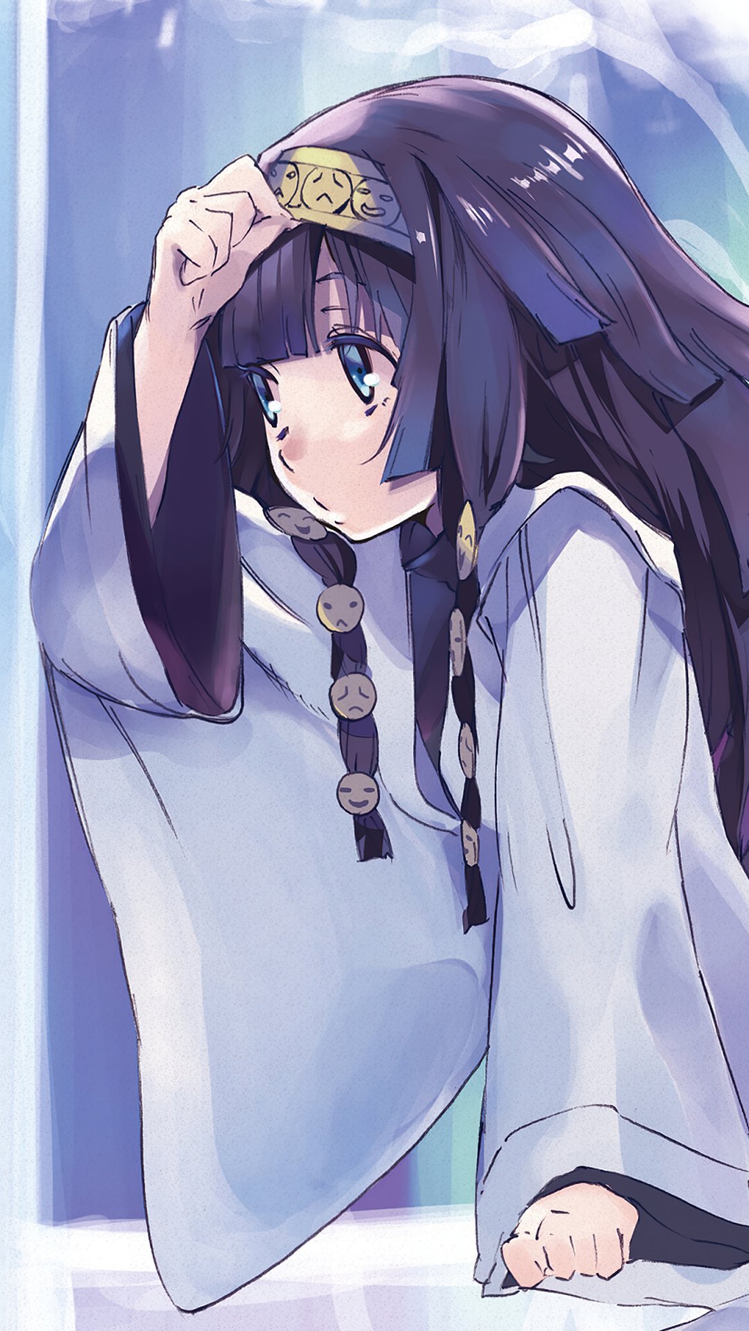 Anime-style Hunter x Hunter character with long dark hair and blue eyes wearing a white outfit, shown in a contemplative pose, designed as a phone wallpaper for iPhones and Androids.