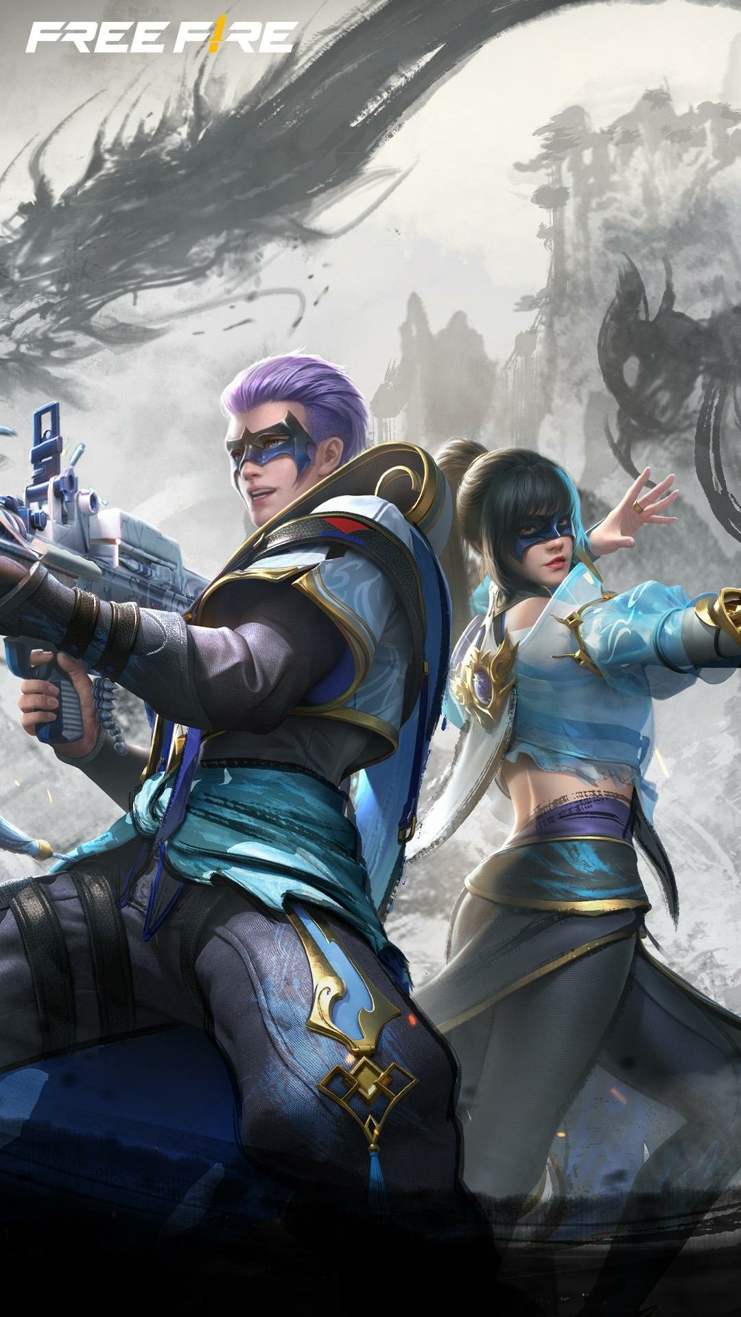 A dynamic phone wallpaper featuring characters from Garena Free Fire, showcasing an action-packed scene with vibrant colors and a gripping fantasy background.