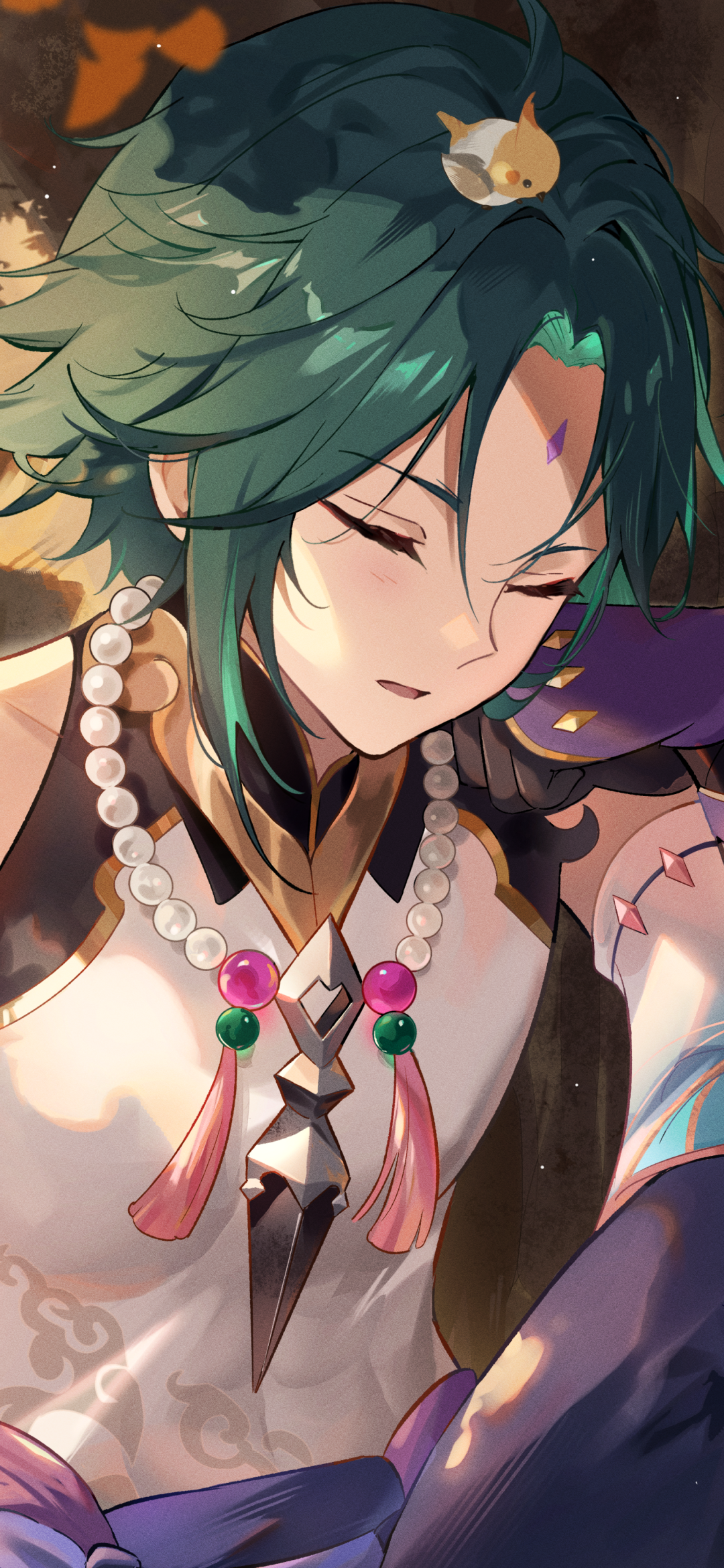 Phone wallpaper featuring Xiao from Genshin Impact, a detailed close-up of the character with closed eyes and a small bird on his head, designed for iPhone and Android.