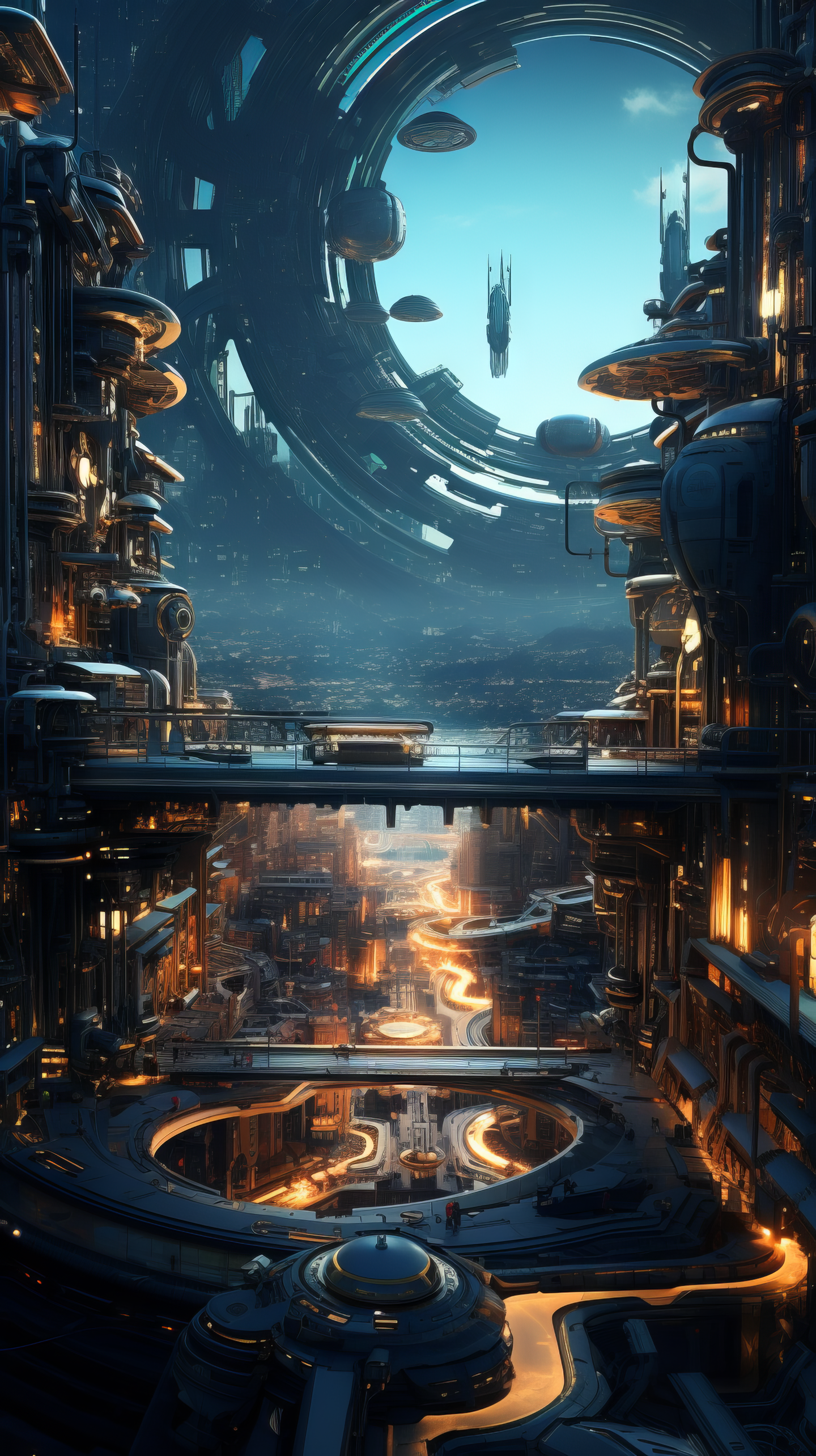Cyberpunk cityscape phone wallpaper showcasing a futuristic metropolis with towering structures and flying vehicles, illuminated by neon lights.