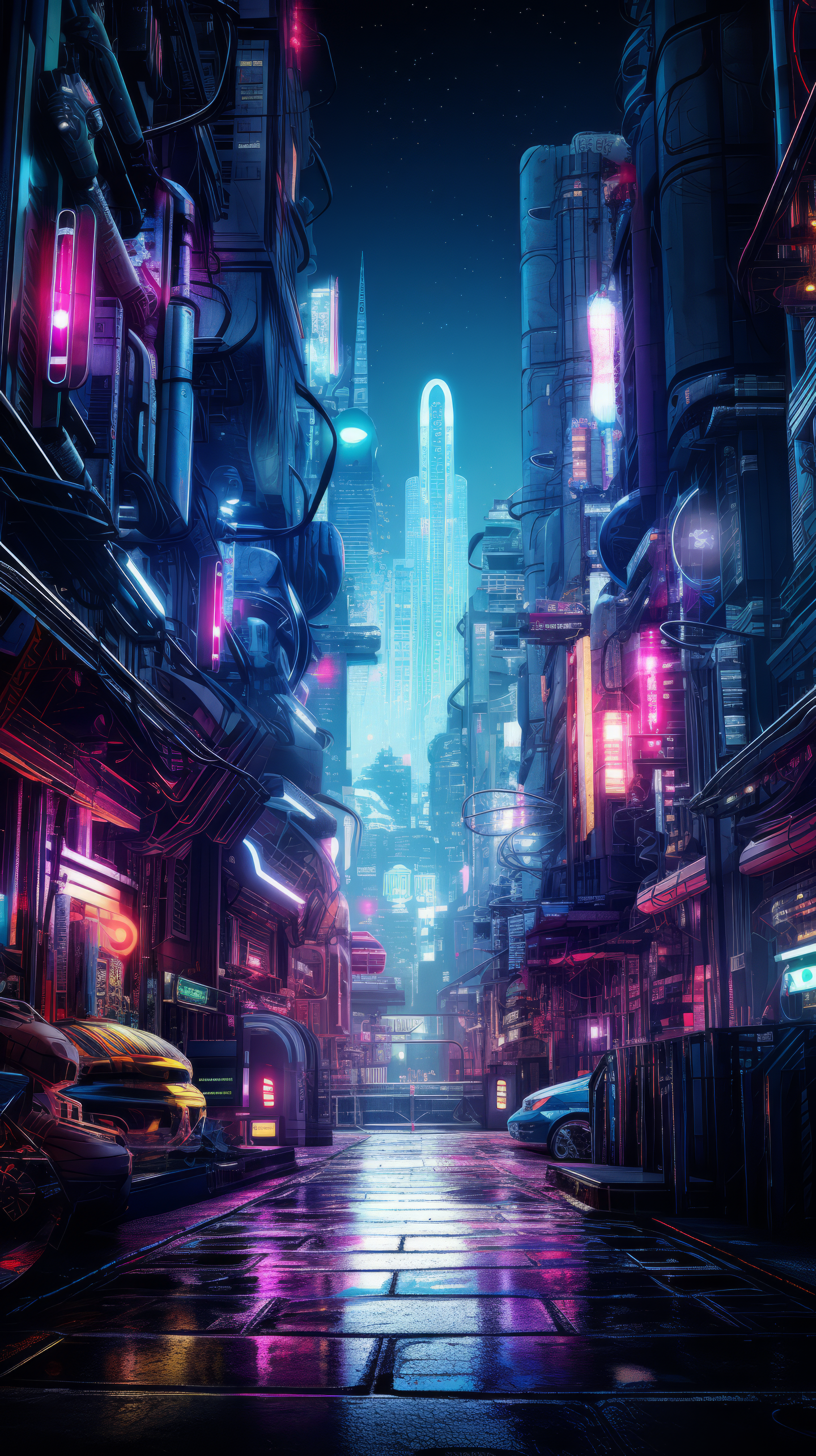 Cyberpunk cityscape phone wallpaper with neon-lit skyscrapers and futuristic street view.