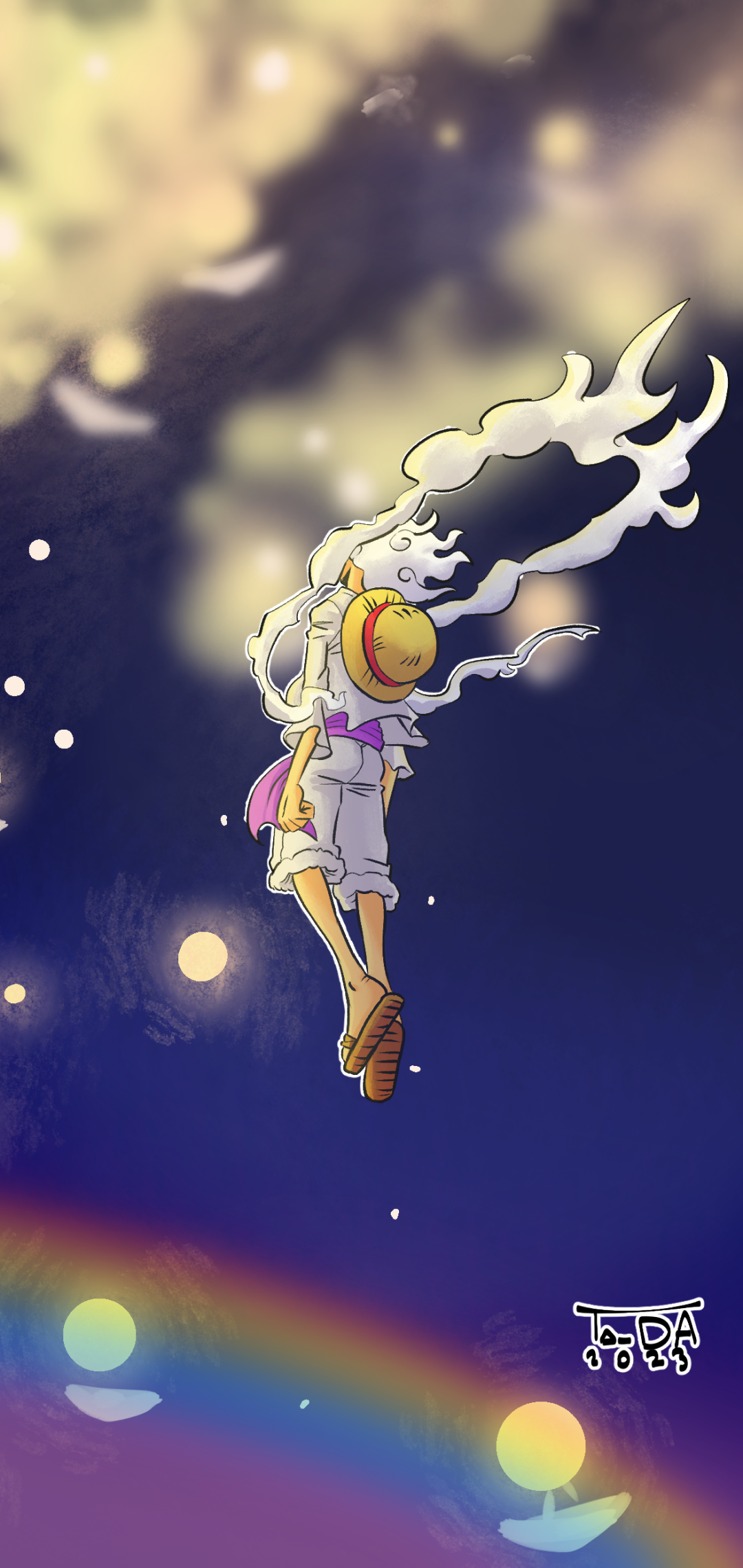 Anime phone wallpaper featuring Monkey D. Luffy in Gear 5 from One Piece, floating against a dreamy, colorful night sky with a rainbow and glowing orbs, designed for iPhone and Android.