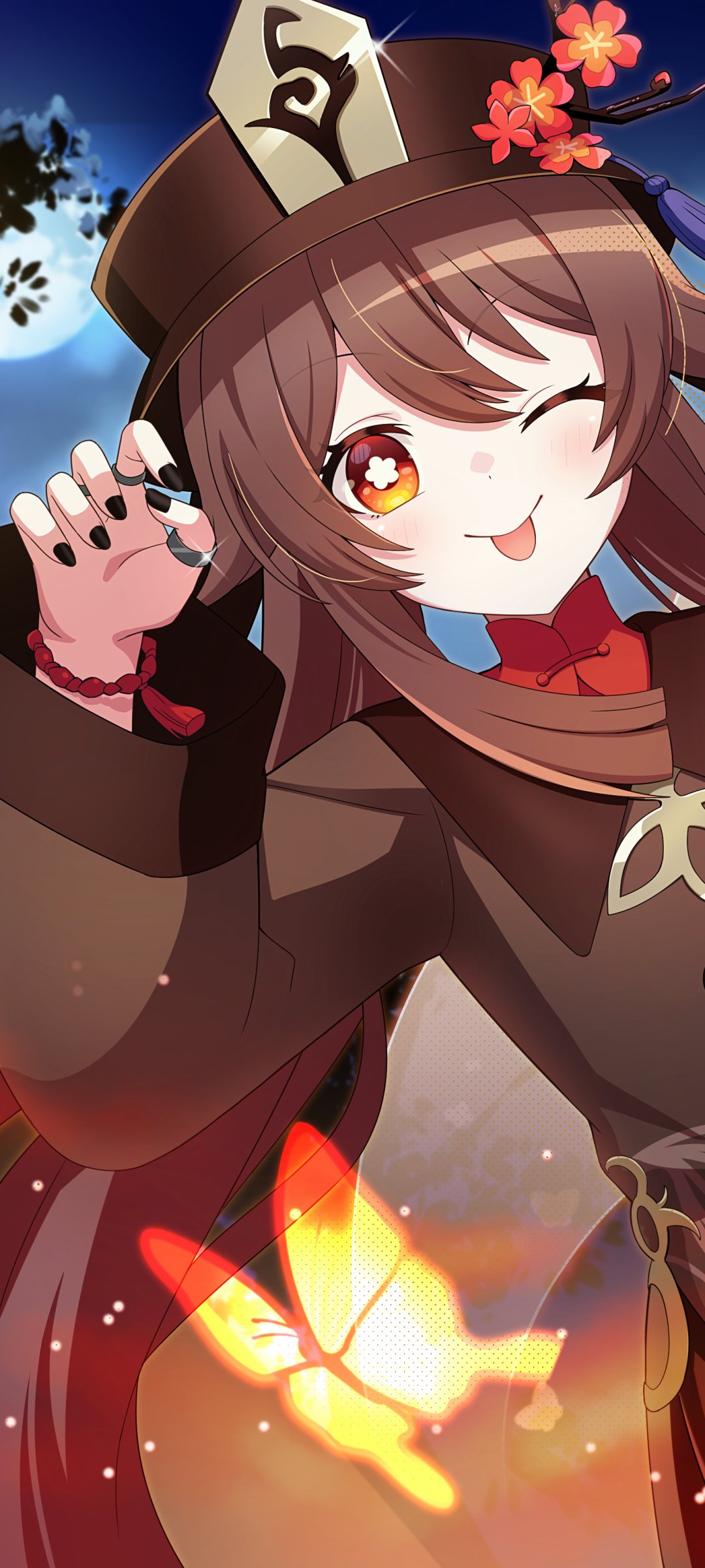 Phone wallpaper featuring Hu Tao from Genshin Impact, smiling and winking with a glowing butterfly and a night sky background, designed for iPhone and Android screens.