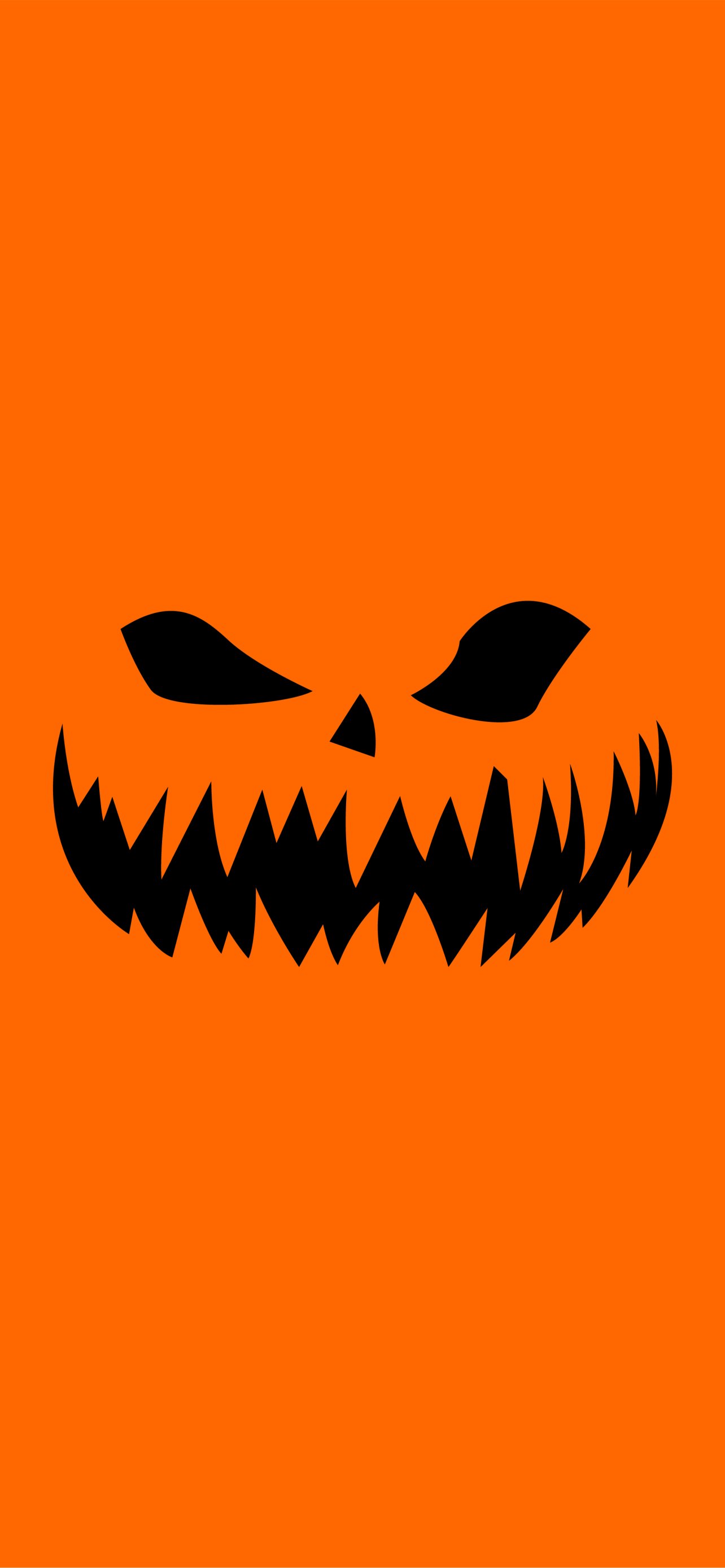Phone wallpaper for the Halloween holiday: a sinister black jack-o'-lantern face with sharp eyes and jagged teeth on a solid bright orange background.