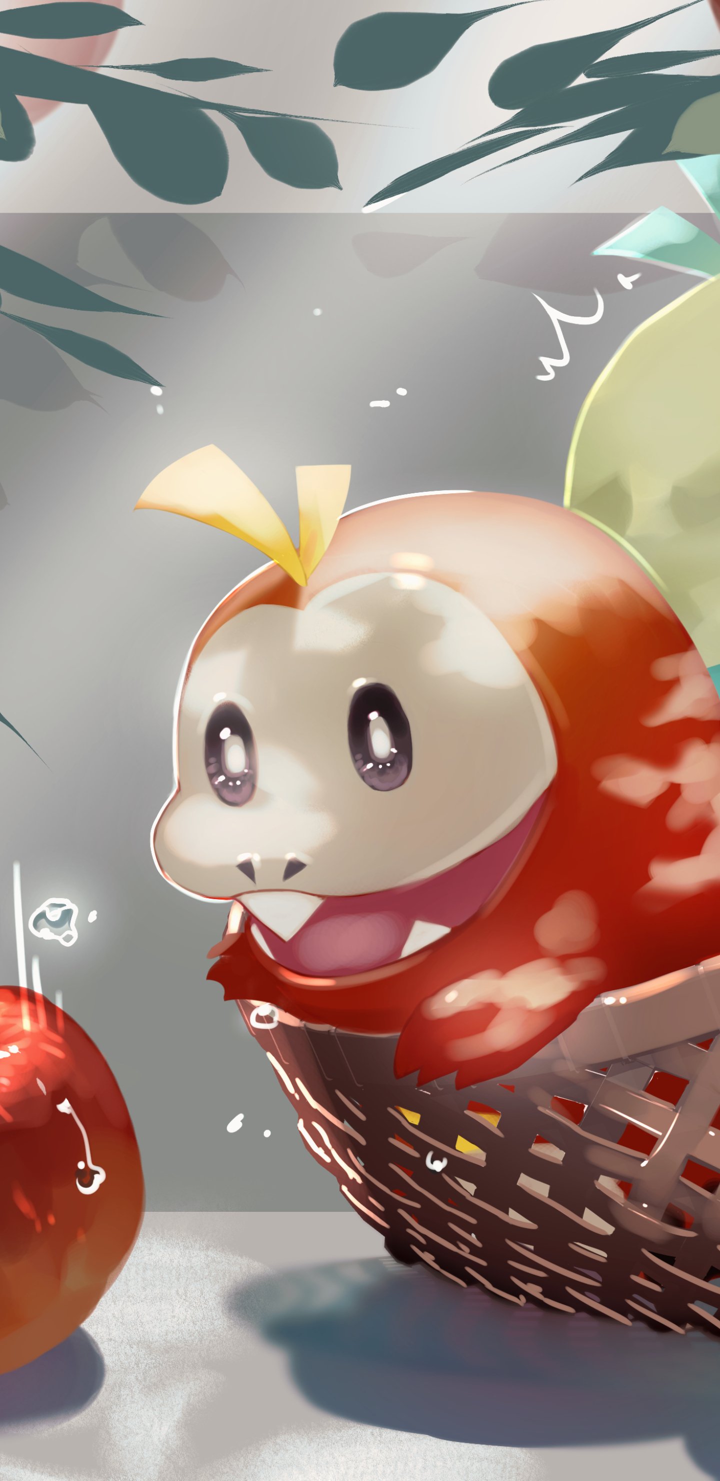 Phone wallpaper (iPhone & Android) of the video-game Pokémon Applin from Scarlet and Violet, peeking from a woven basket beside a shiny apple under soft foliage light.