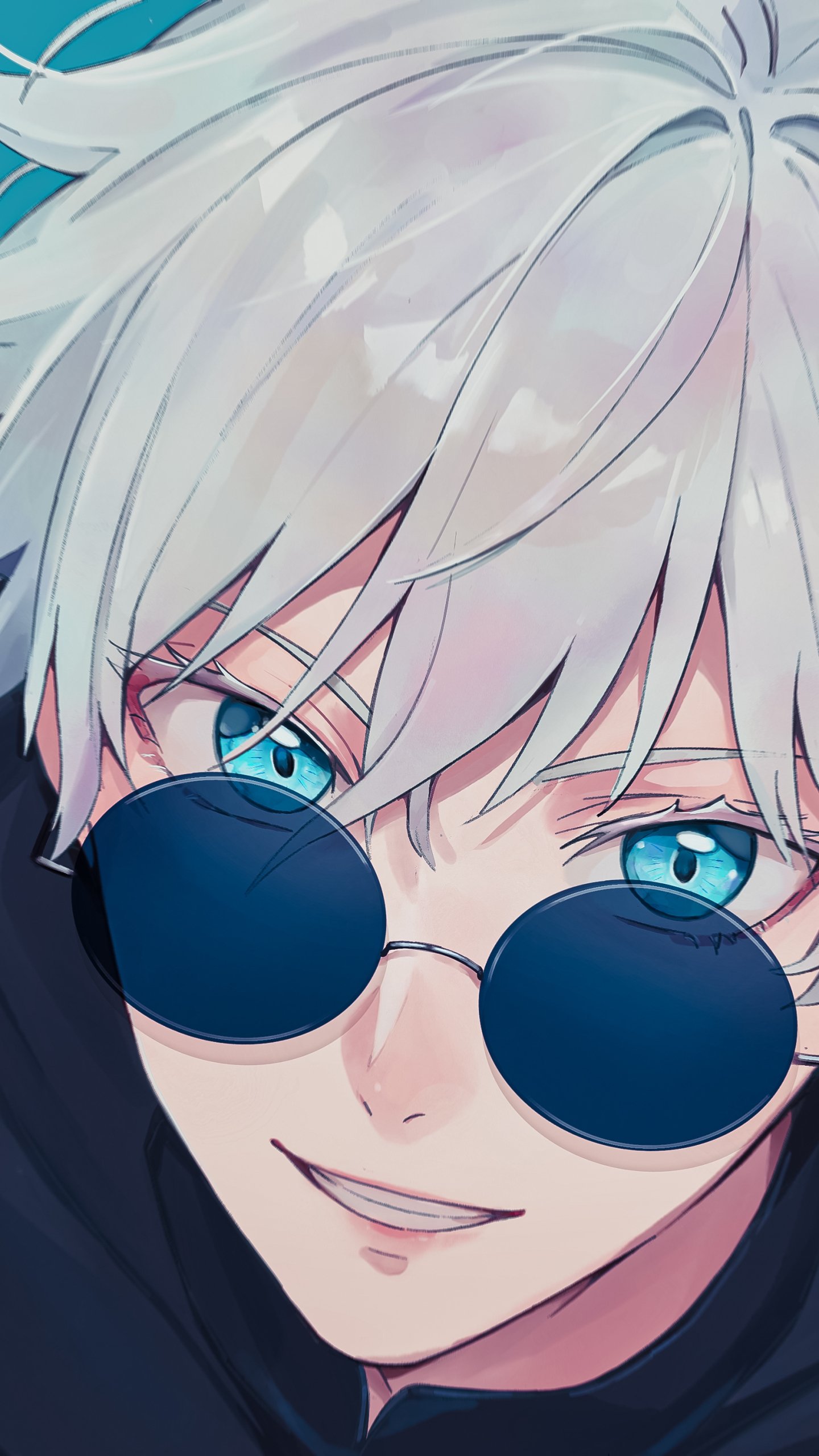 Close-up anime-style illustration of Satoru Gojo from Jujutsu Kaisen wearing round dark sunglasses, designed as a vibrant phone wallpaper for iPhone and Android.