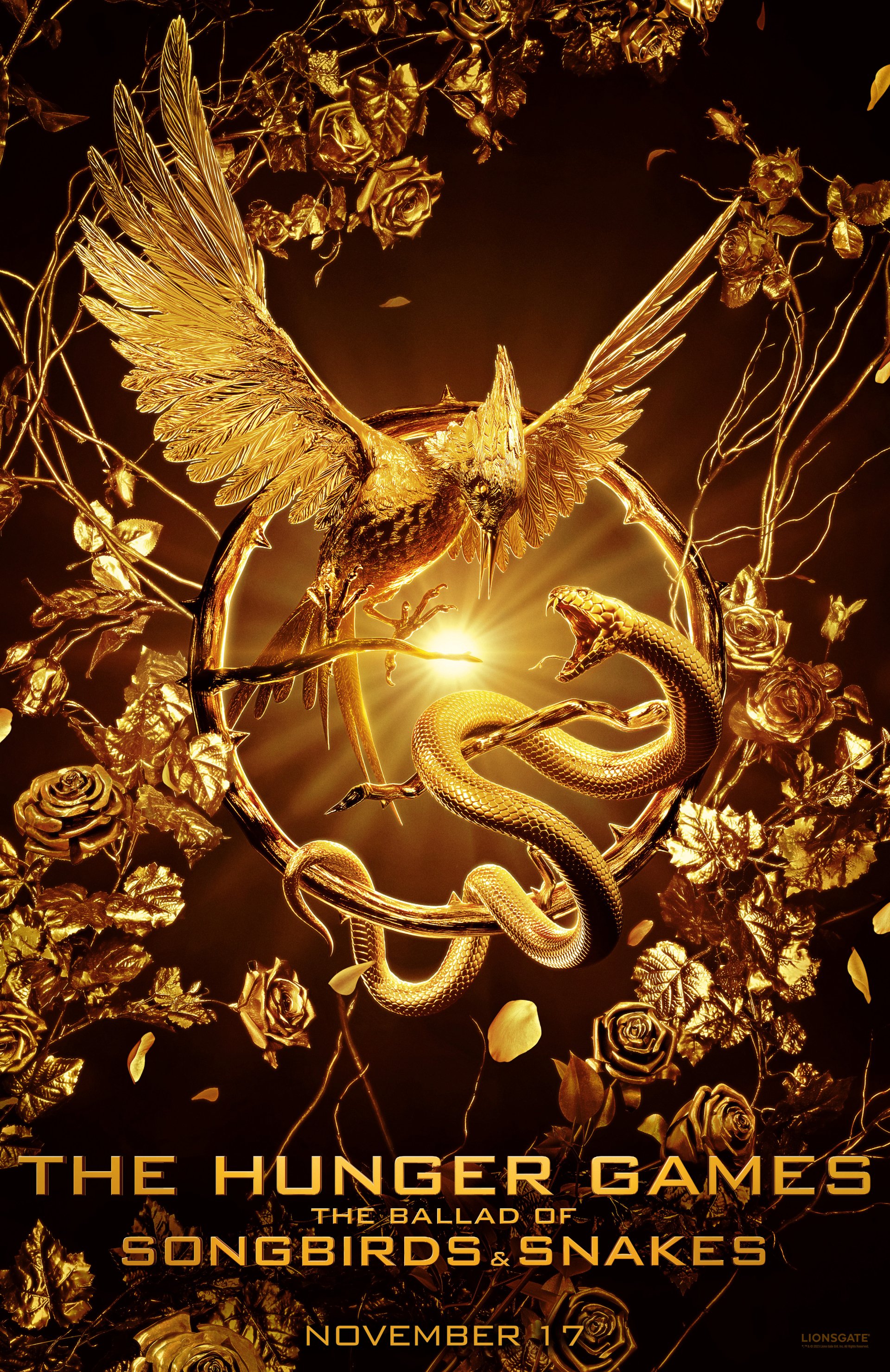 Phone wallpaper featuring The Hunger Games: The Ballad of Songbirds & Snakes logo with a golden mockingjay and snake surrounded by intricate flourishes set against a dark background.