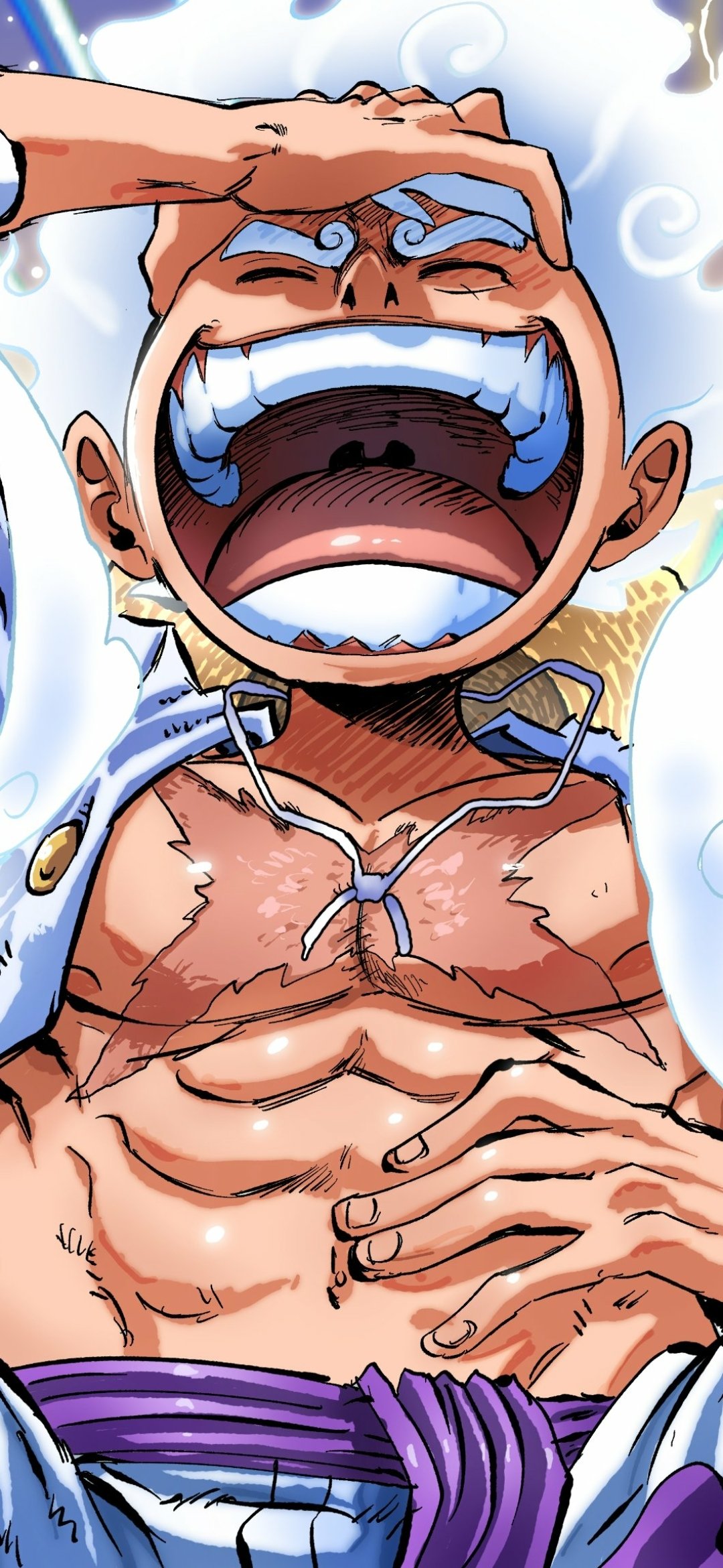 Phone wallpaper of Monkey D. Luffy in Gear 5 from the anime One Piece, showcasing his joyful expression and muscular upper body, designed for both iPhone and Android screens.