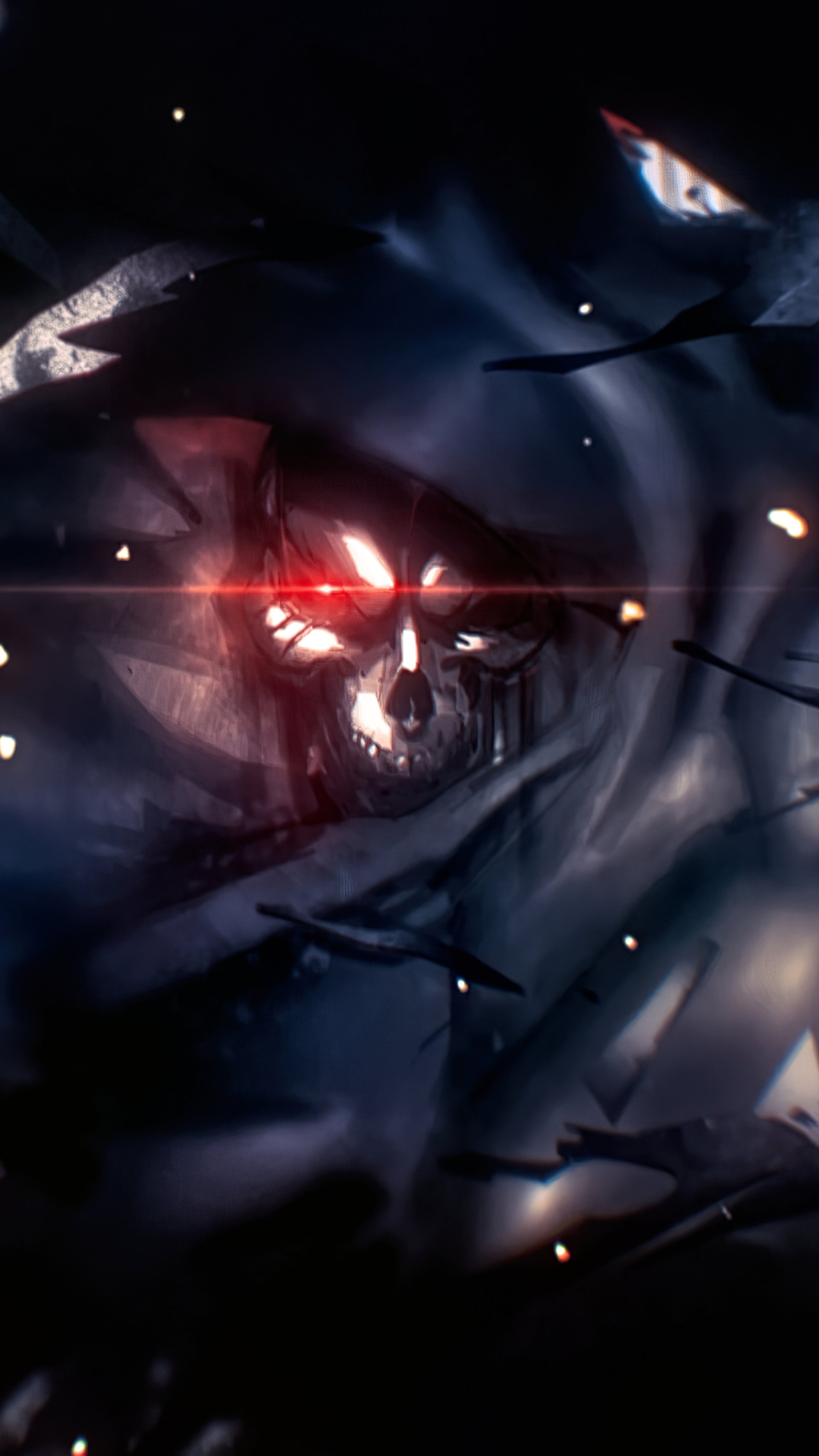 Dark, eerie anime wallpaper from Overlord featuring a glowing red-eyed, skeletal figure shrouded in shadows, designed for both iPhone and Android phone screens.