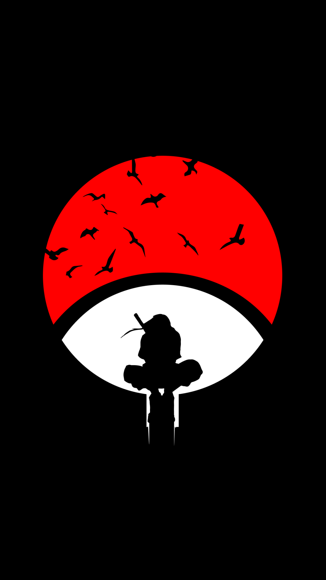 Phone wallpaper featuring a silhouette of Itachi Uchiha from Naruto, set against a red and white stylized Uchiha clan symbol with flying birds, designed for iPhones and Android phones.