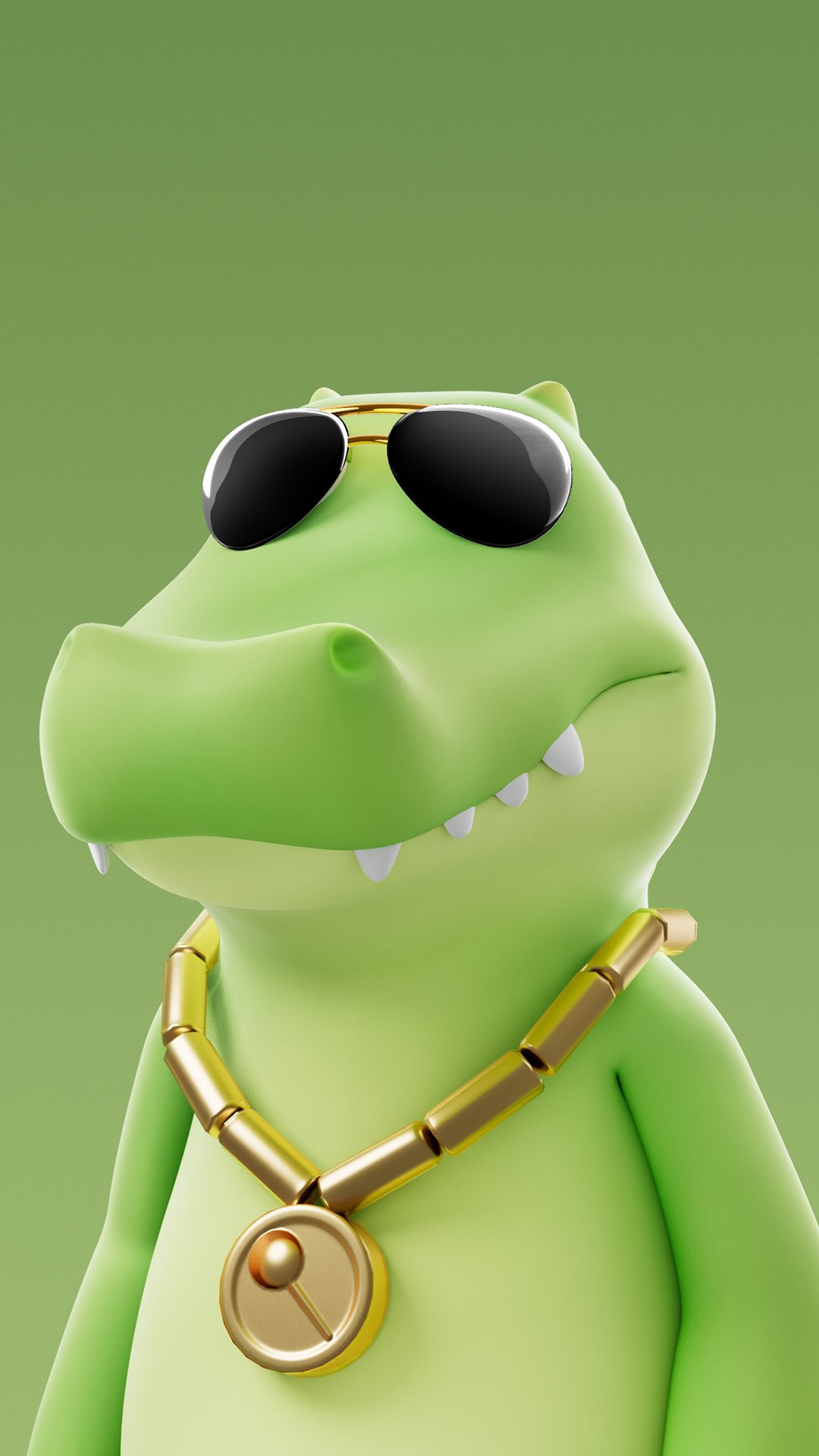 A stylish green crocodile character wearing sunglasses and a gold chain, from the video game Party Animals, set against a smooth green background, makes a vibrant phone wallpaper.