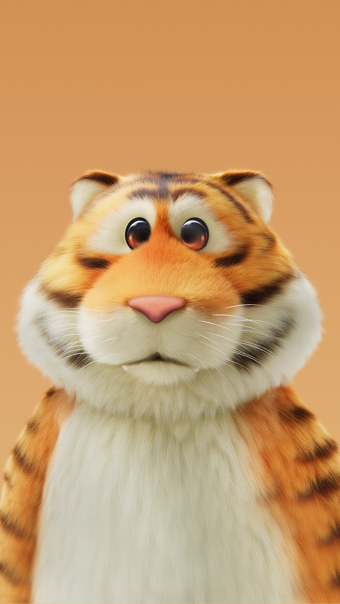 A cheerful cartoon tiger character from the video game Party Animals, set against a warm, orange background, designed as a vibrant phone wallpaper.