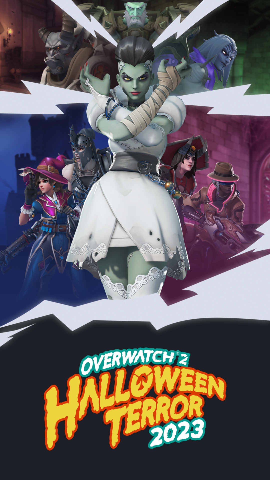 Overwatch 2 Halloween Terror 2023 event-themed phone wallpaper featuring game characters in spooky costumes.
