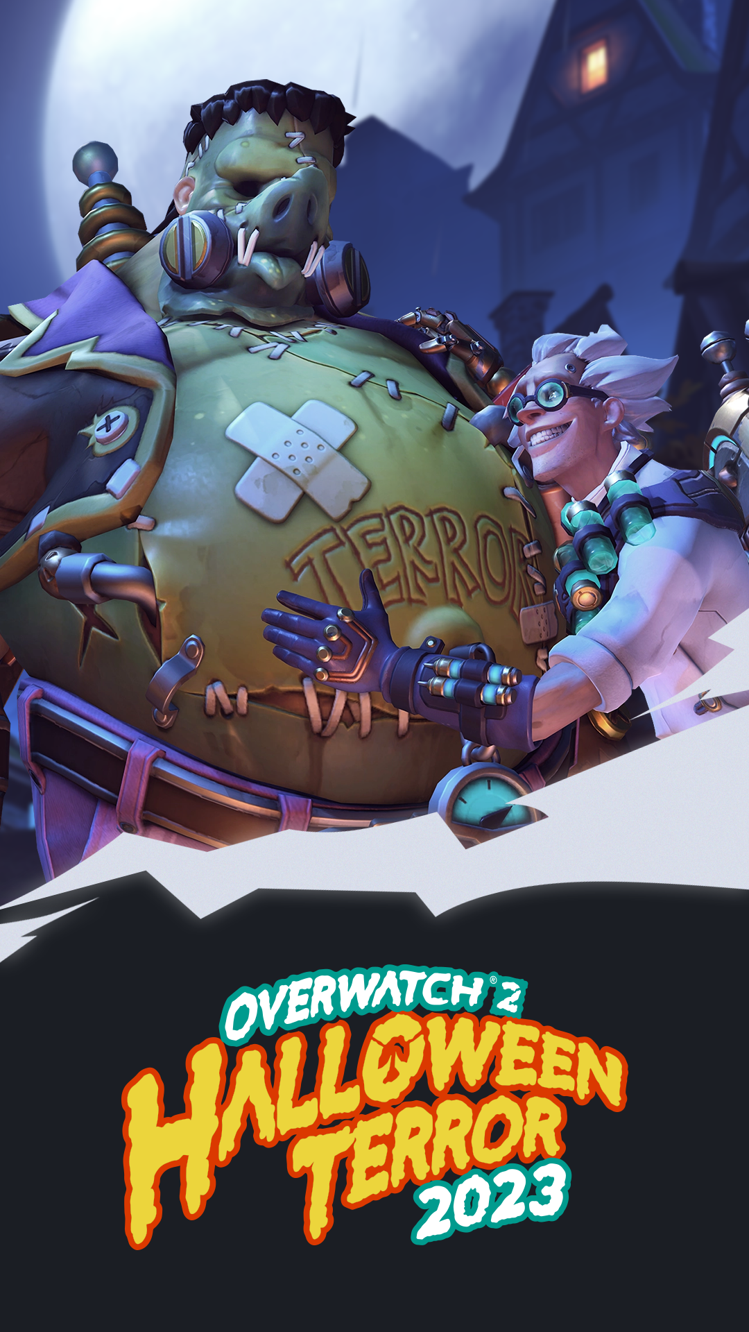 Overwatch 2 Halloween Terror 2023 event themed smartphone wallpaper featuring game characters.