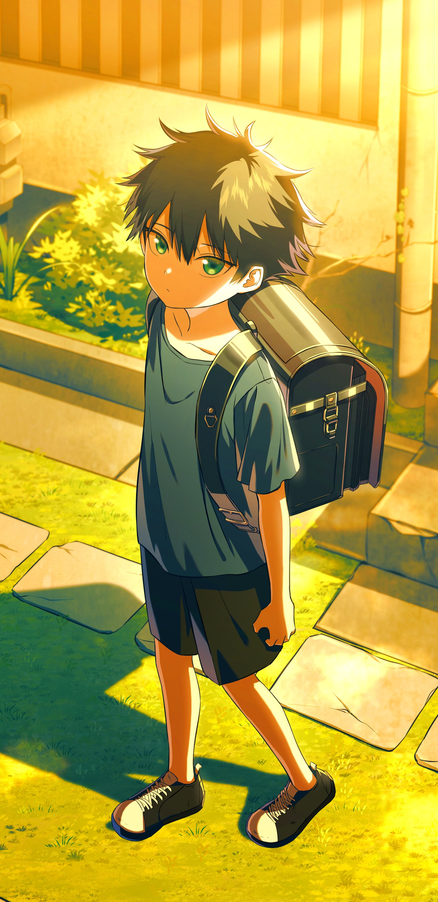 Anime-style phone wallpaper featuring a Jujutsu Kaisen character, standing outdoors with a backpack in warm, golden sunlight, designed for both iPhone and Android displays.