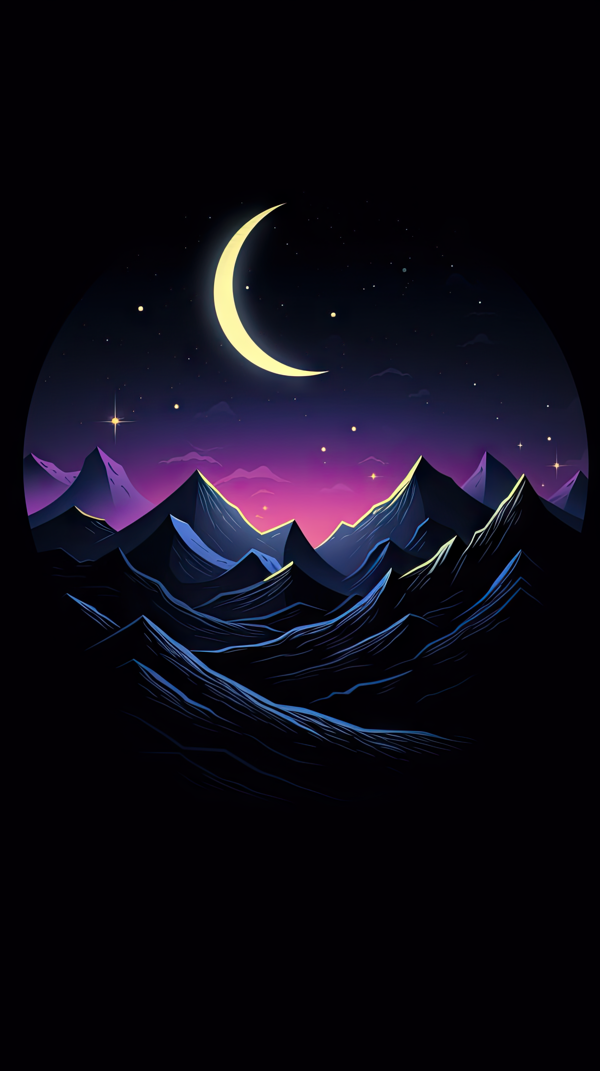 Colorful night mountain landscape with a crescent moon and stars against a dark sky, designed as a vibrant phone wallpaper for iPhones and Android devices.