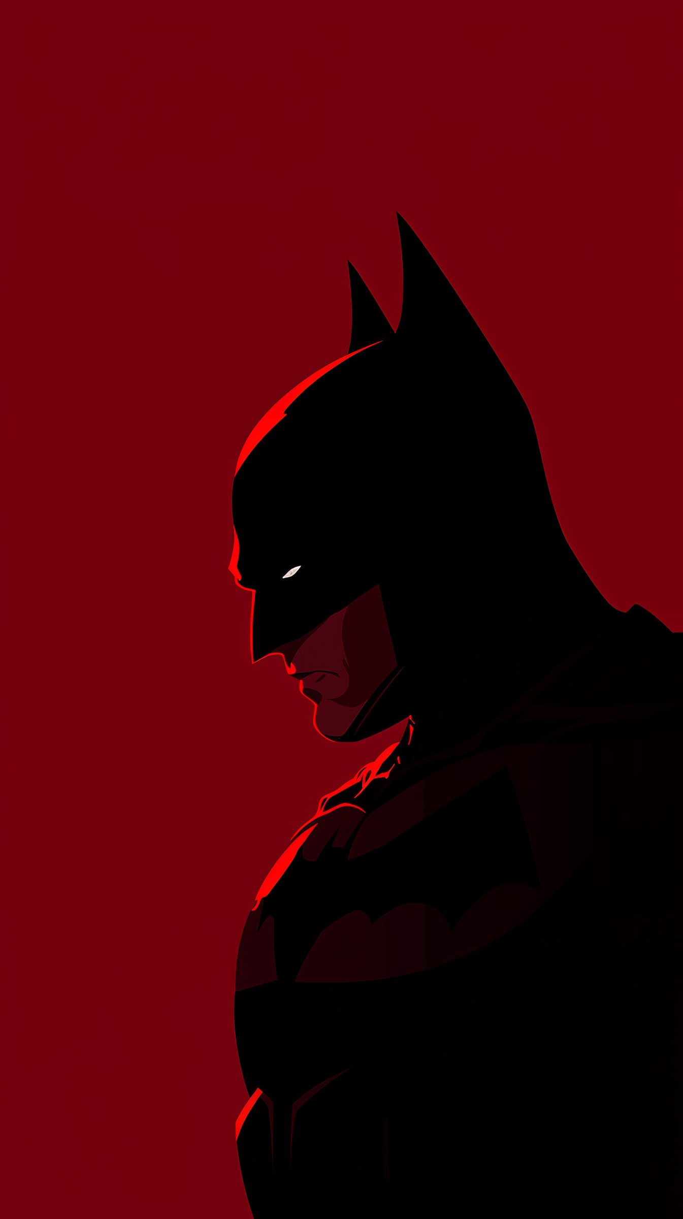 A minimalist comic-style depiction of Batman in silhouette against a striking red background, designed as a phone wallpaper.