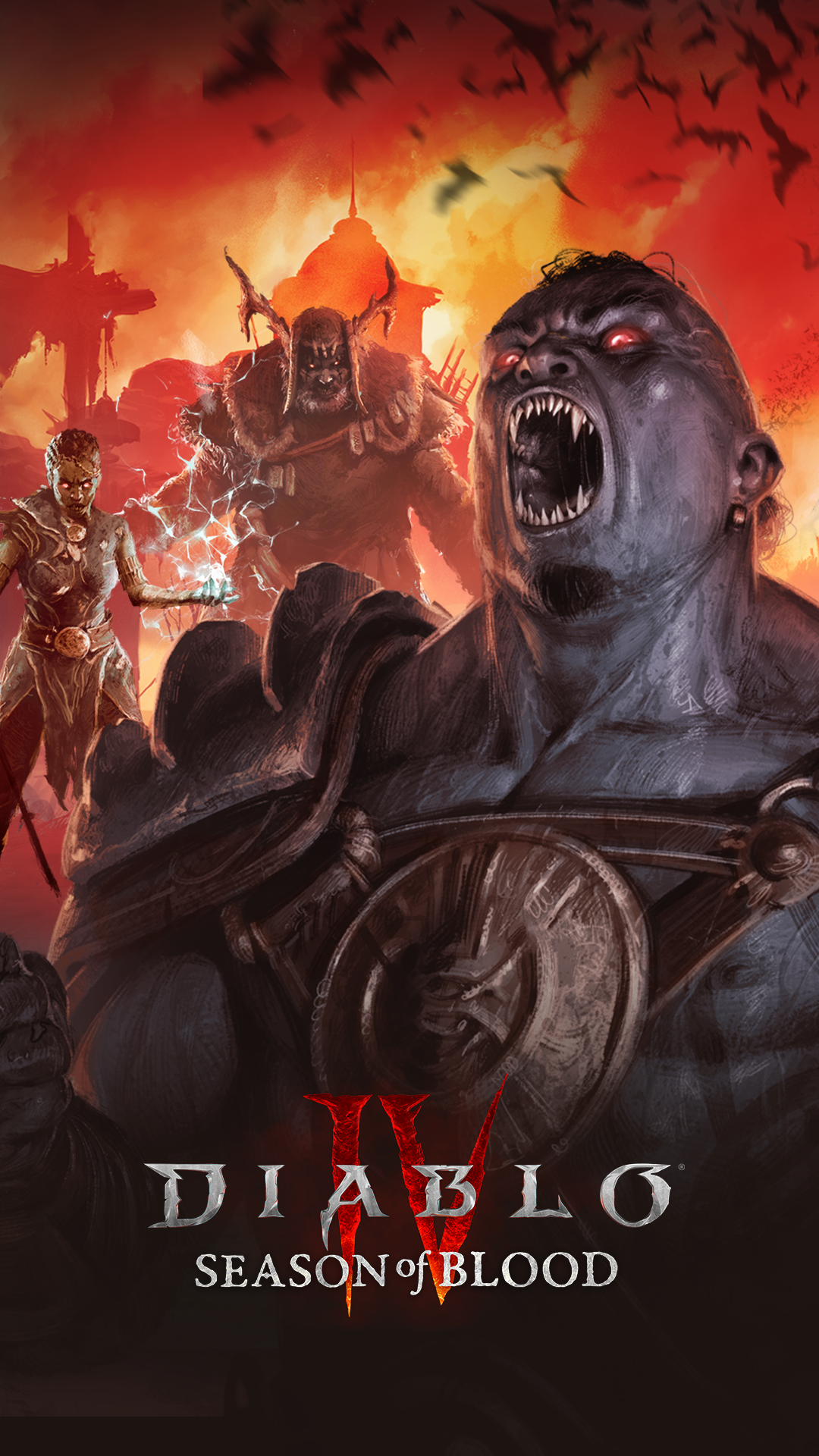 Diablo IV Season of Blood phone wallpaper featuring an intense battle scene with a fearsome creature and a hero in action.