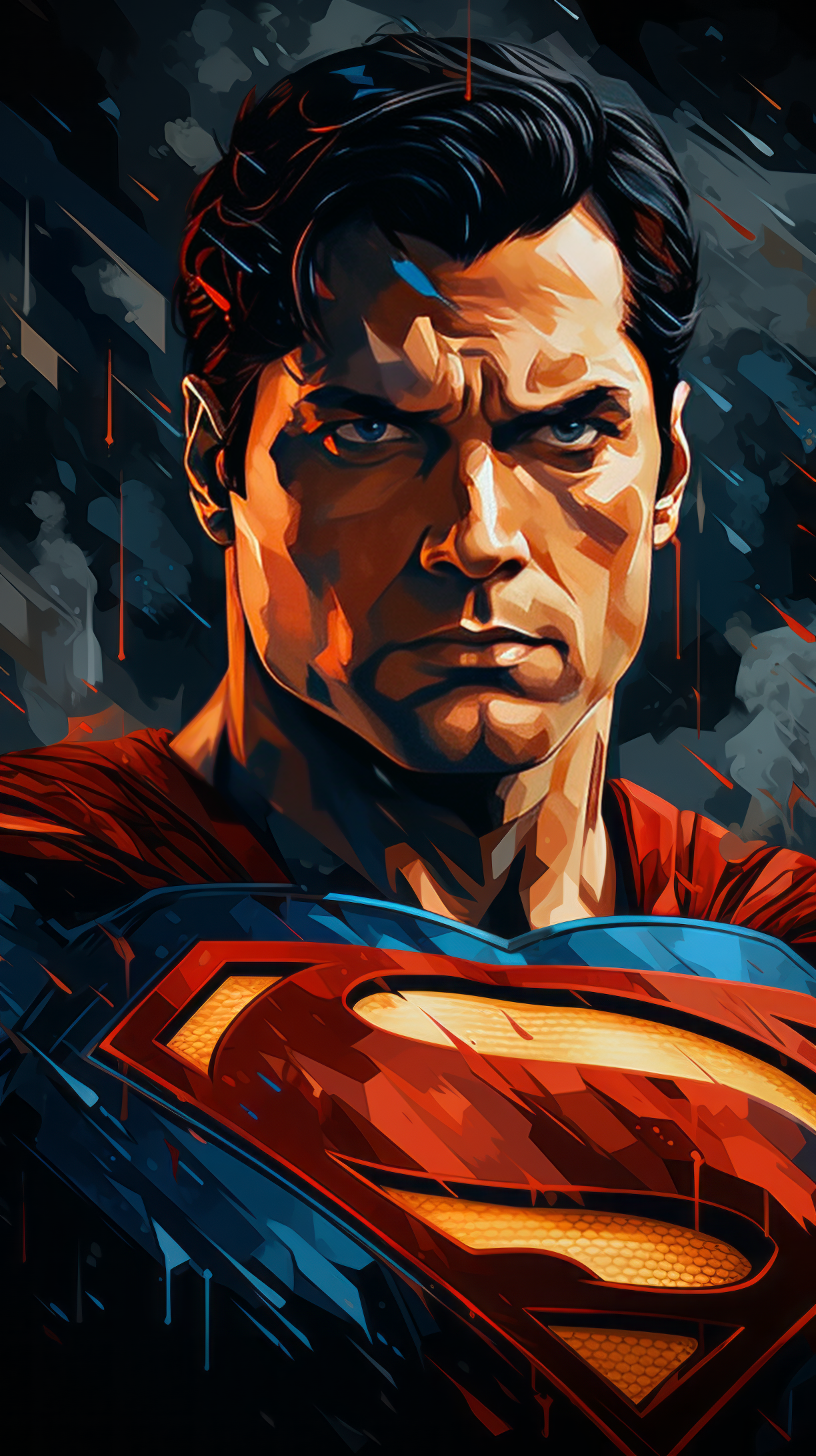 Artistic Superman phone wallpaper with a vivid color palette and geometric background design.