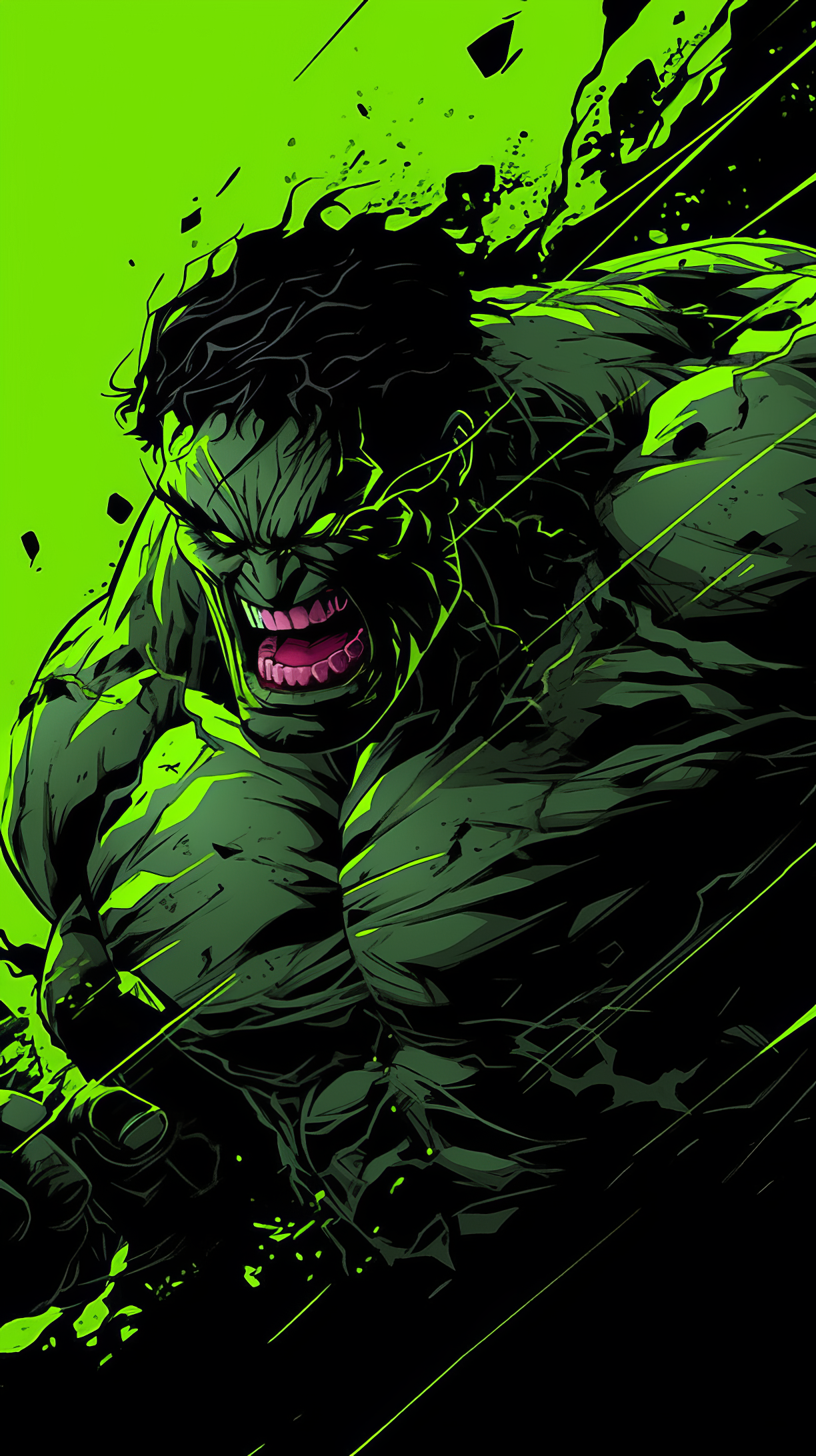 A vibrant comic-style phone wallpaper featuring the Hulk in dynamic motion, showcasing his iconic green form against a striking green and black background.
