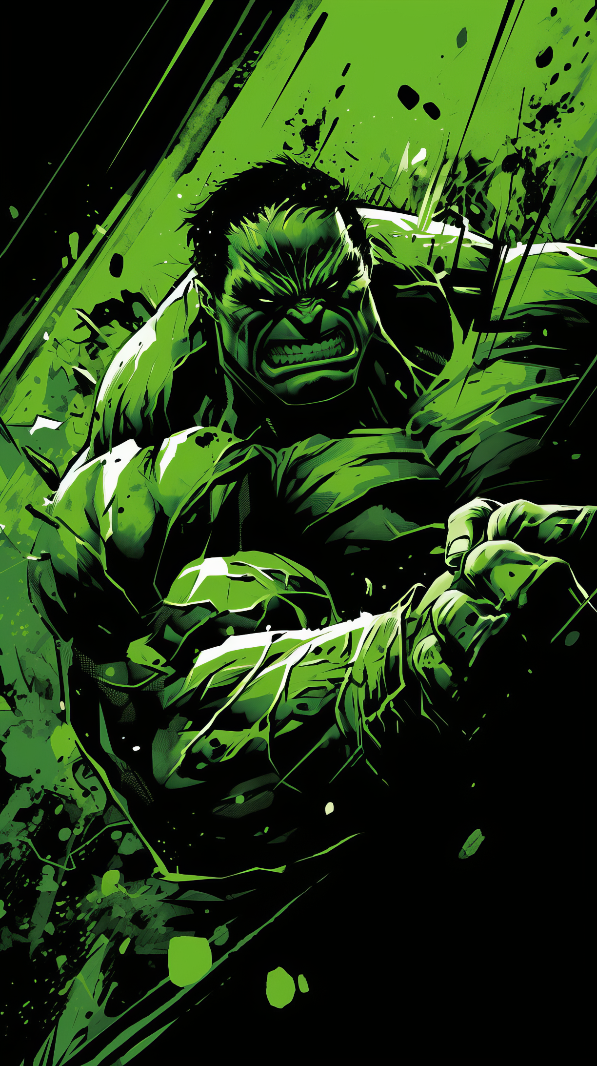 Vibrant comic-style wallpaper featuring the Hulk in dynamic action, surrounded by green splashes, capturing his iconic strength and intensity.