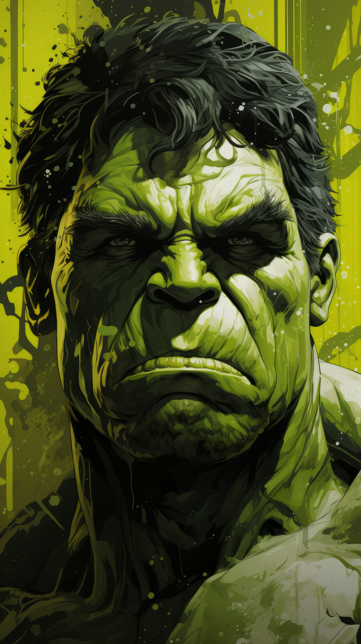 Alt-text: Illustration of the Hulk with a serious expression for a mobile phone wallpaper, featuring a vibrant yellow background.