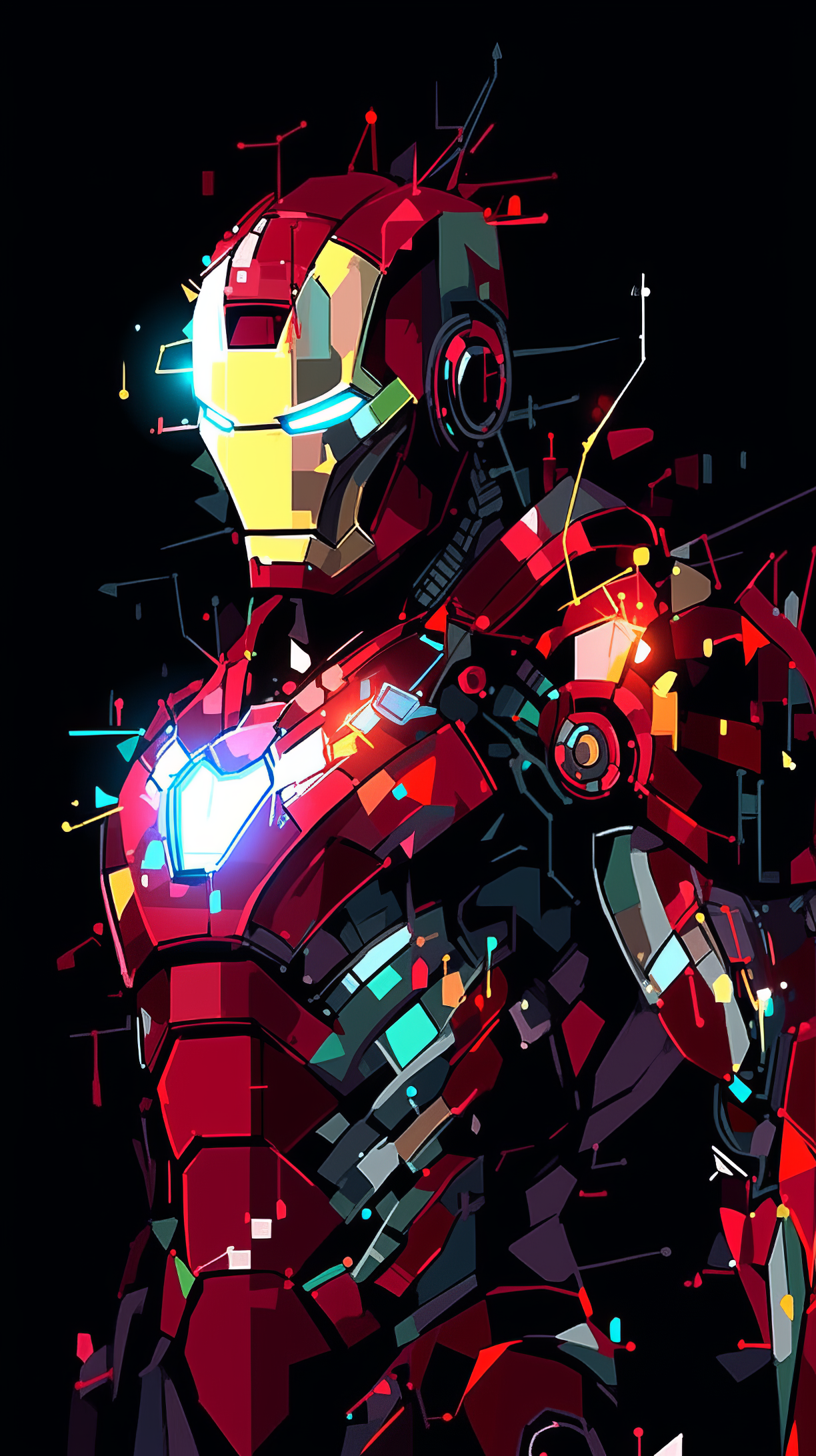 A vibrant comic-style wallpaper featuring Iron Man, showcasing intricate colors and patterns that highlight the iconic superhero's armor and tech elements.