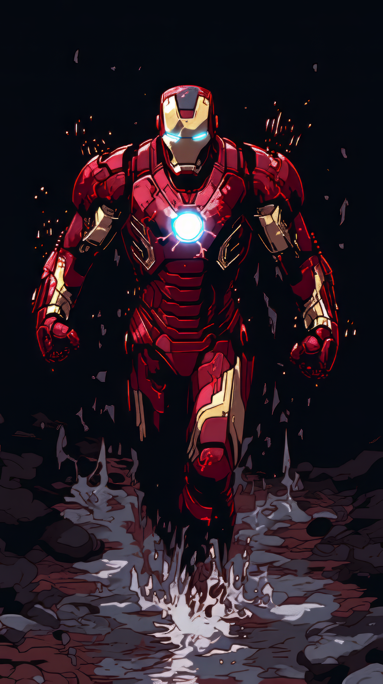 Iron Man strides through water, showcasing his iconic red and gold armor. This dynamic comic-style image serves as an engaging phone wallpaper.
