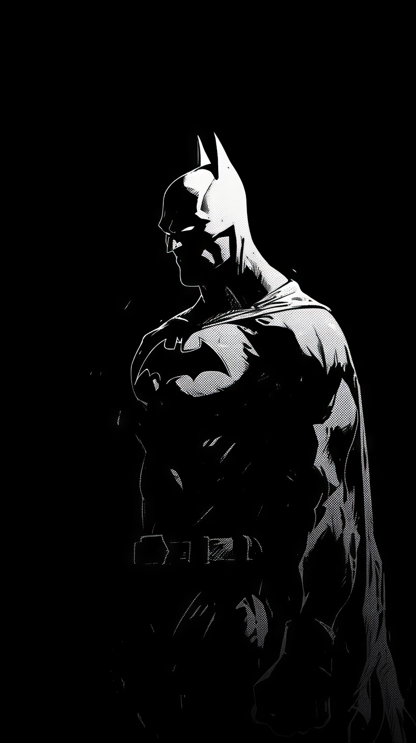 A striking black and white phone wallpaper featuring Batman, from the movie The Batman, showcasing the iconic character in a dramatic silhouette against a dark background.