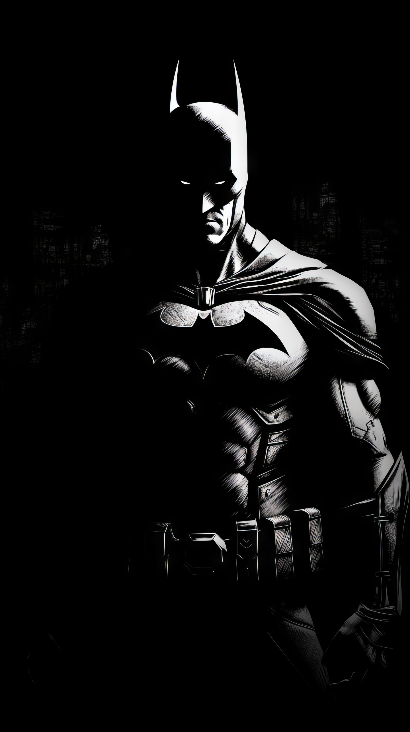 A dramatic black and white phone wallpaper featuring Batman from the movie The Batman, showcasing the iconic superhero in a powerful pose against a dark background.