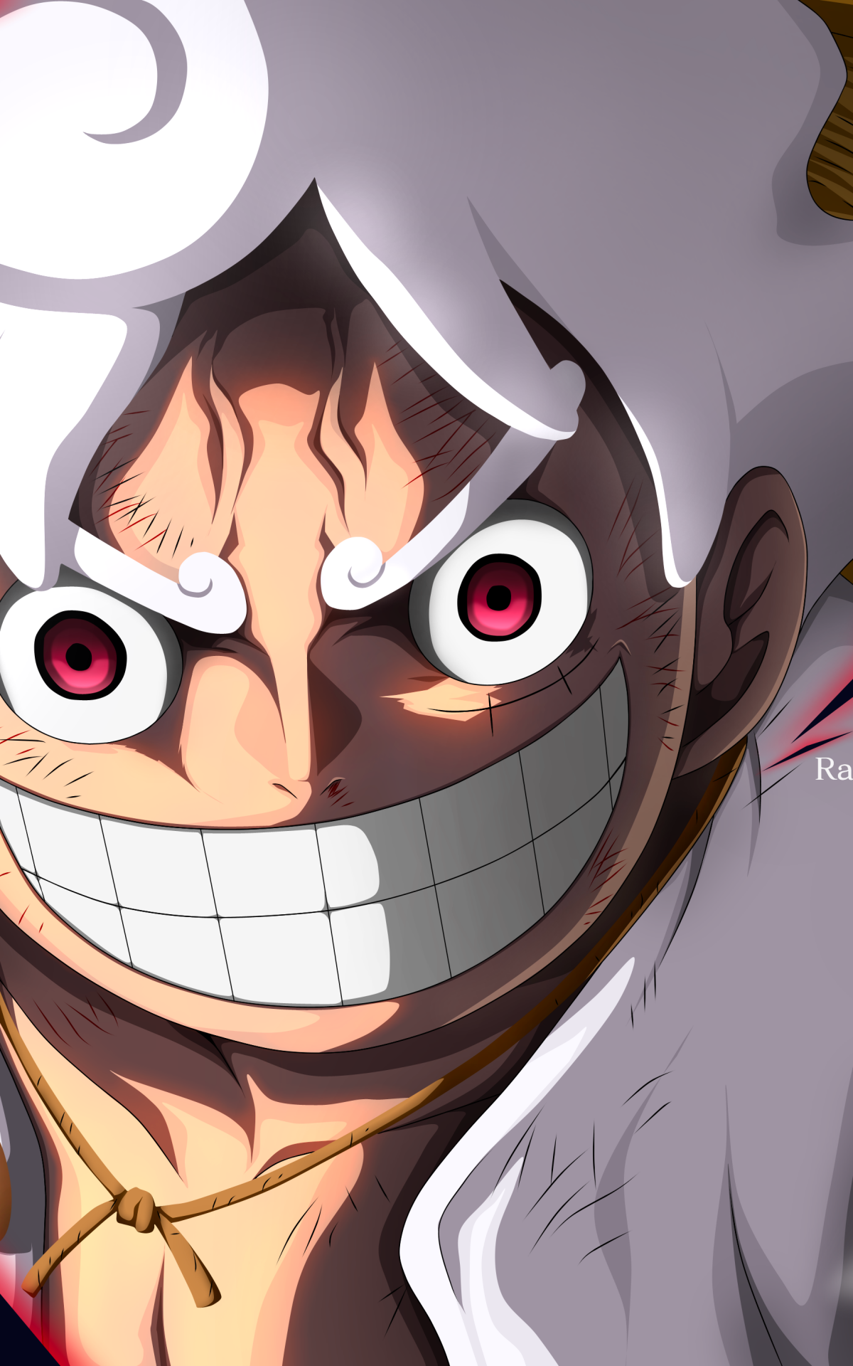 Phone wallpaper featuring Monkey D. Luffy in Gear 5 from the anime One Piece, with intense eyes and a wide grin, designed for both iPhone and Android displays.