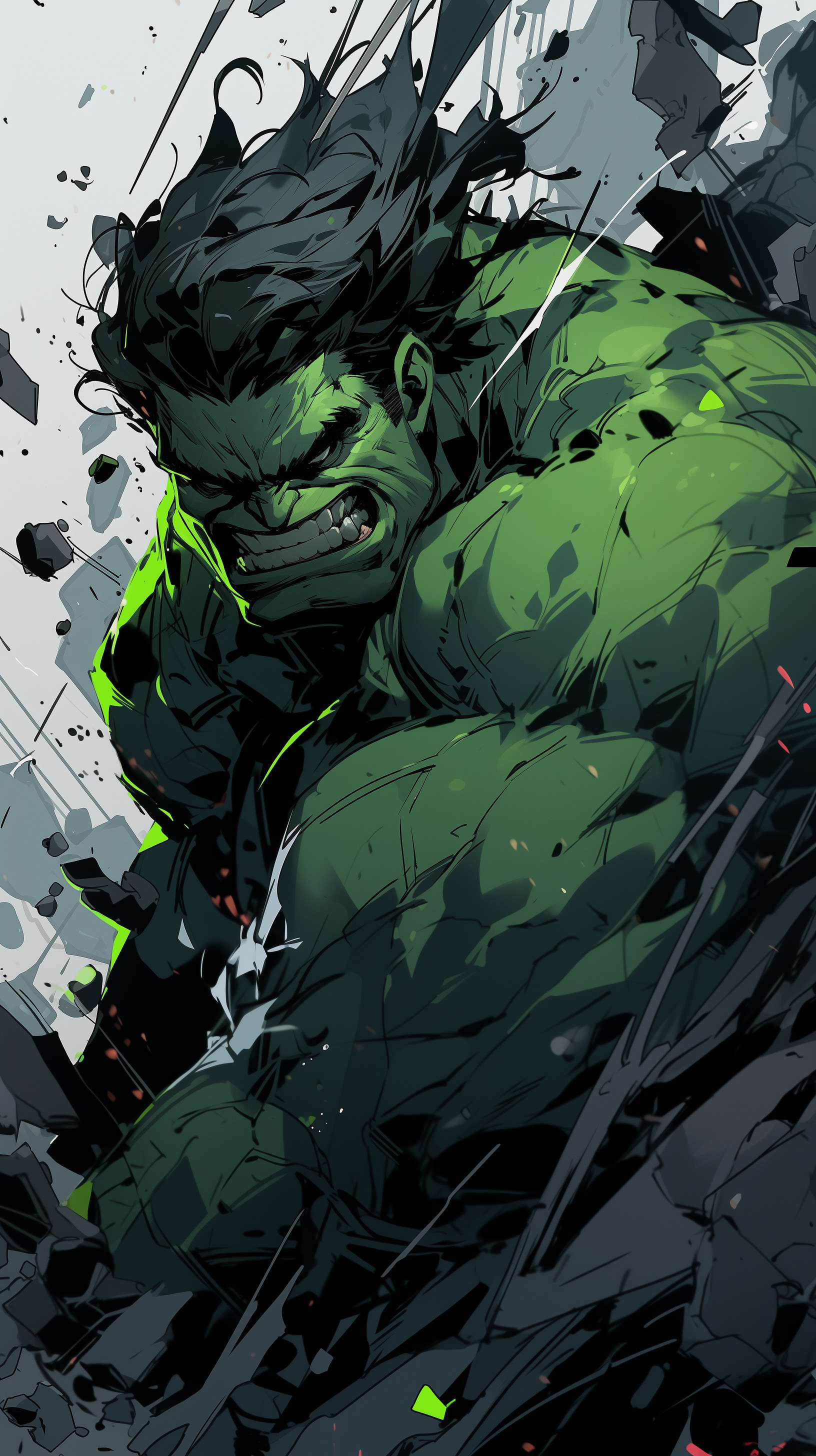 A dynamic comic-style image of the Hulk, showcasing his immense strength and fierce expression, set against a backdrop of shattered debris, designed as a phone wallpaper.
