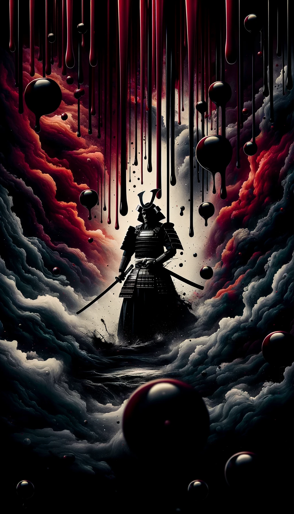 Phone wallpaper: Japanese samurai assassin in full armor, silhouetted against stormy clouds and dripping red orbs, evoking the shadowed atmosphere of feudal Japan.