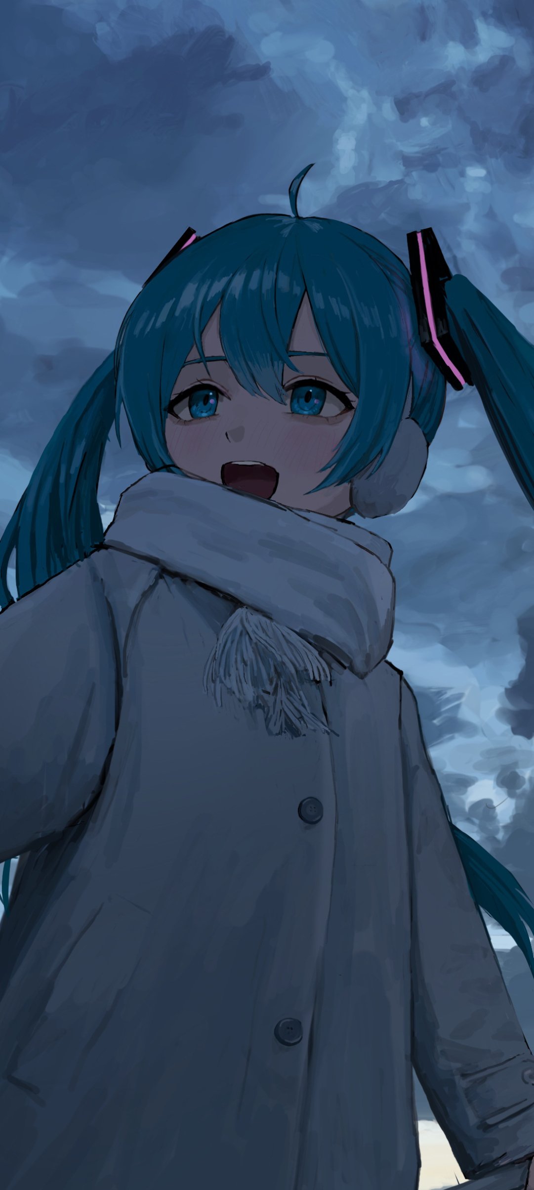 Anime-style Vocaloid Hatsune Miku with teal twin tails, wearing a coat, scarf, and earmuffs against a cloudy sky, designed as a phone wallpaper for iPhones and Android devices.