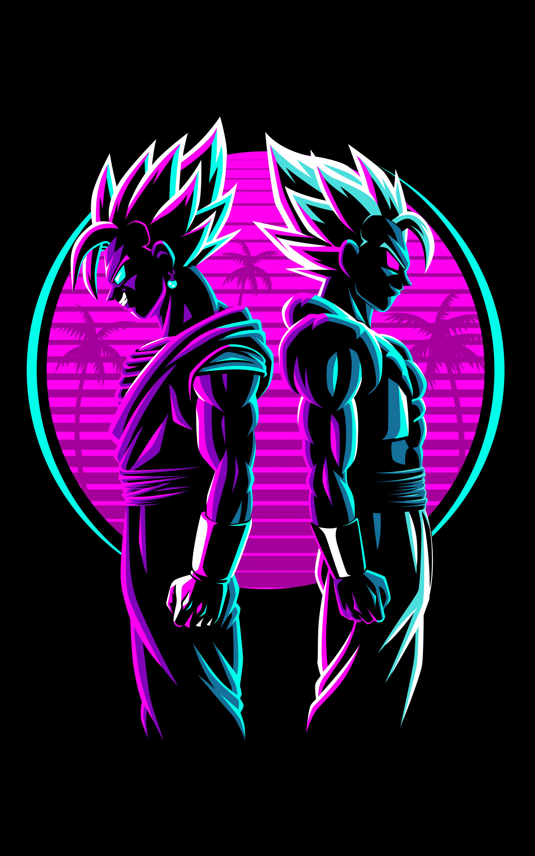 Phone wallpaper featuring neon-colored silhouettes of Goku and Vegeta from Dragon Ball Z standing back-to-back against a vibrant pink and blue retro sunset with palm trees.