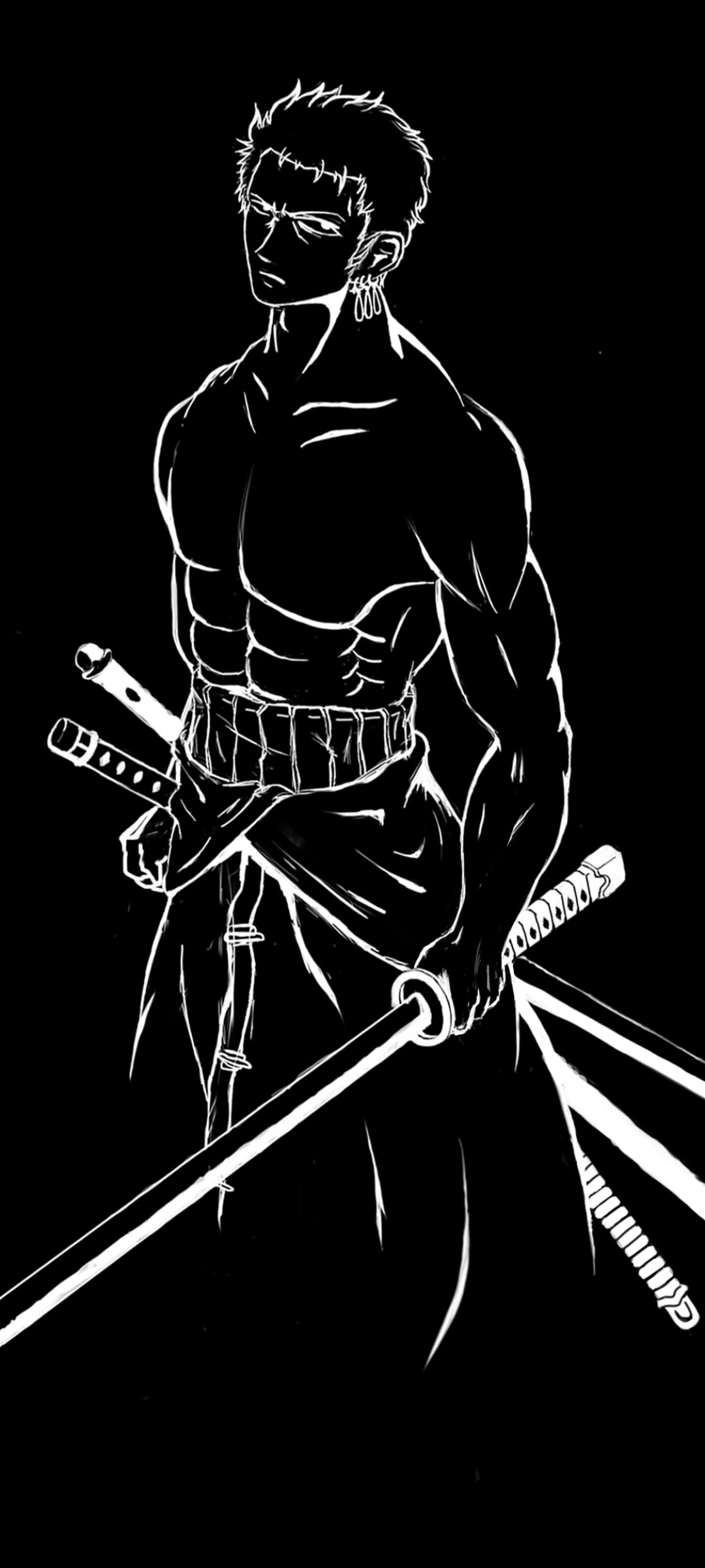 Minimalist black and white anime phone wallpaper featuring Roronoa Zoro from One Piece with swords and a strong, muscular pose, designed for iPhone and Android screens.