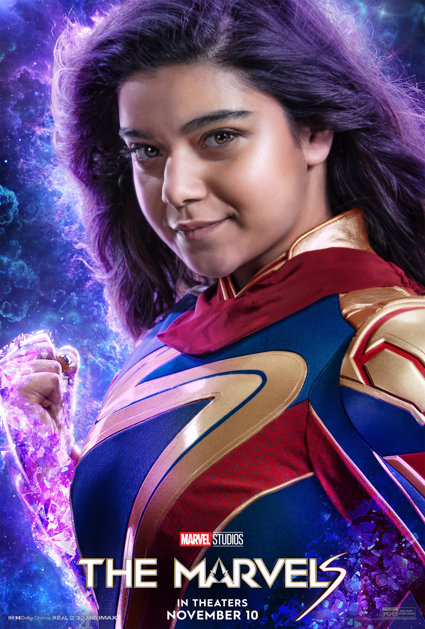 Phone wallpaper featuring The Marvels' character Kamala Khan with vibrant cosmic background, portrayed by Iman Vellani.