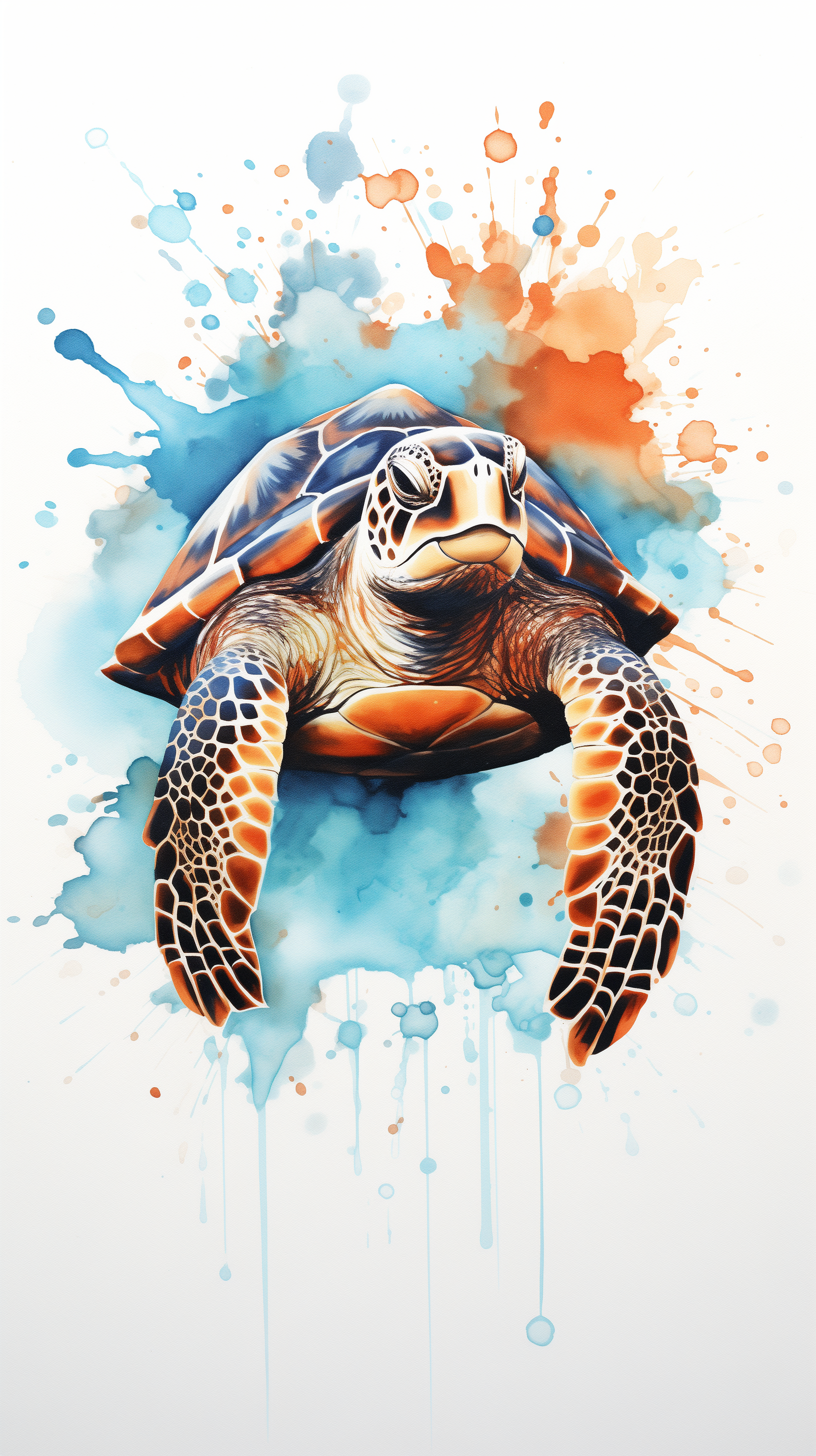 A vibrant phone wallpaper featuring a sea turtle amidst splashes of blue and orange paint, capturing the beauty of this amazing animal in a stunning artistic design.