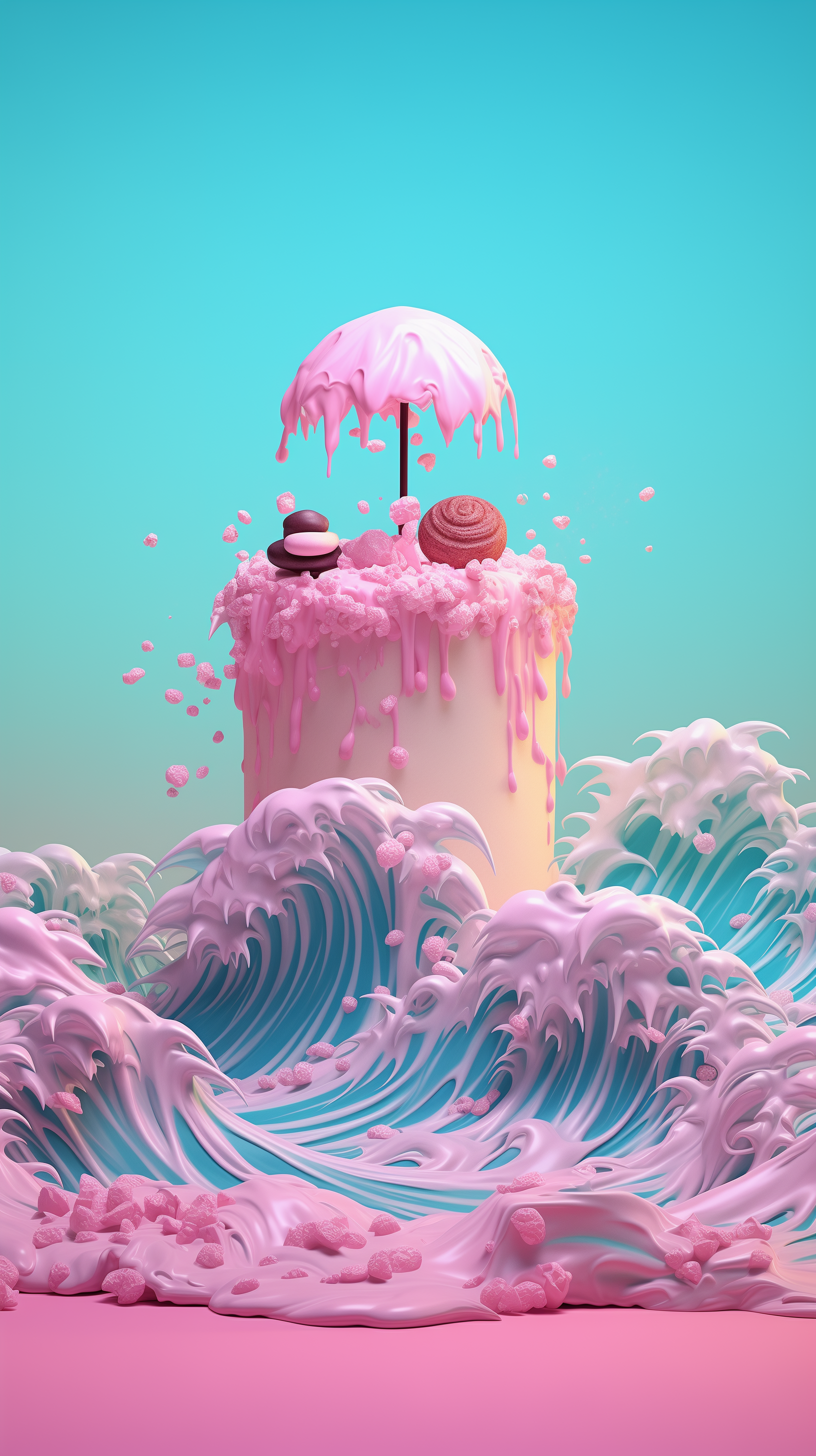A whimsical cake topped with an umbrella and treats, surrounded by colorful, flowing waves, creates a vibrant phone wallpaper celebrating the joy of food.