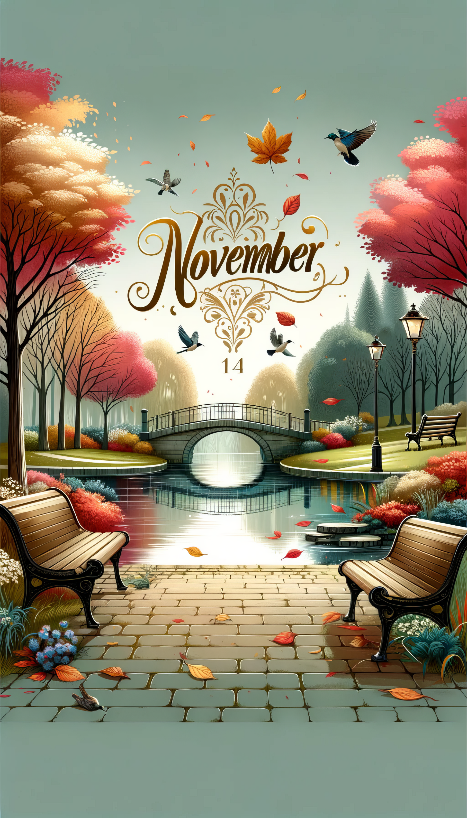 A serene phone wallpaper featuring a tranquil park scene in November, showcasing colorful trees, a bridge over a reflective pond, and benches amidst falling leaves.