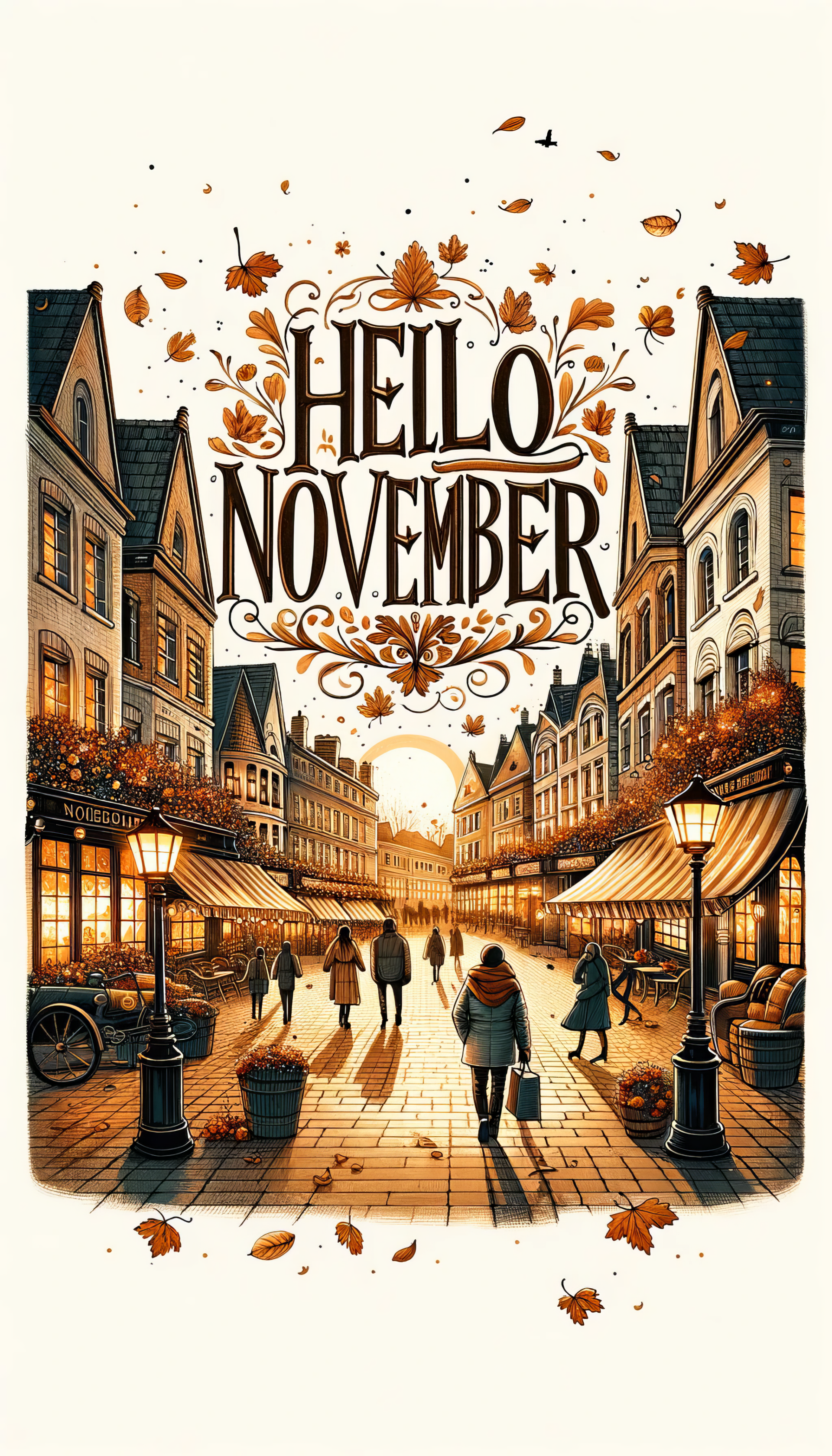 Autumn-themed Hello November phone wallpaper showing a picturesque street with people and falling leaves.